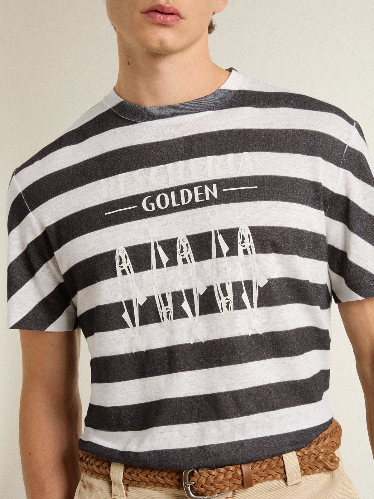 Men's white and blue striped T-shirt with Pescheria Golden print
