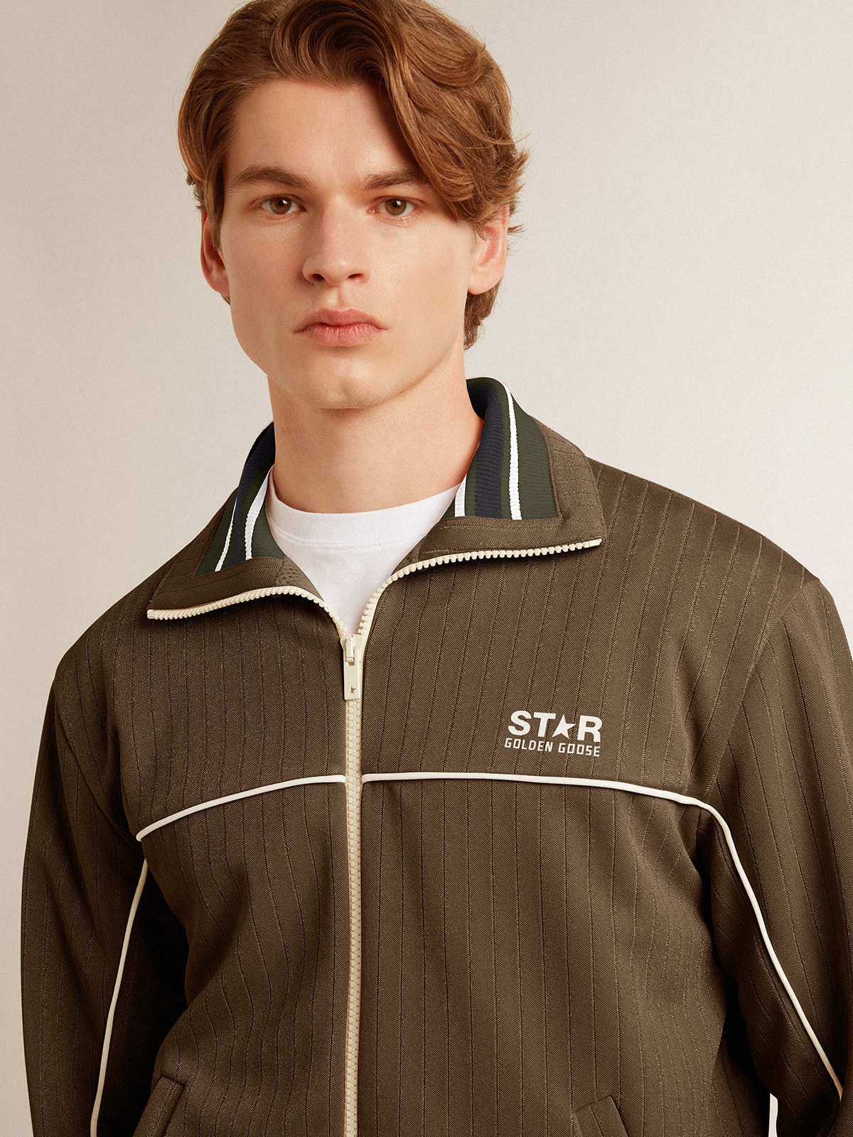 Men's military green zipped sweatshirt with white logo