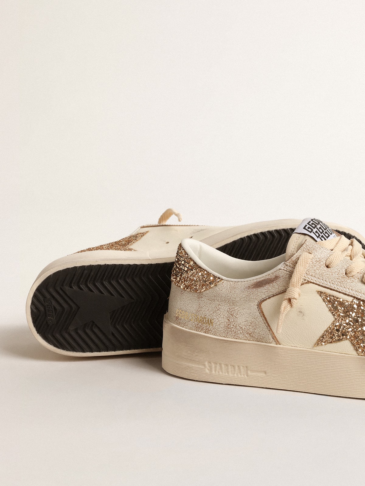 Women's Stardan in ecru nappa leather with gold glitter star and heel tab