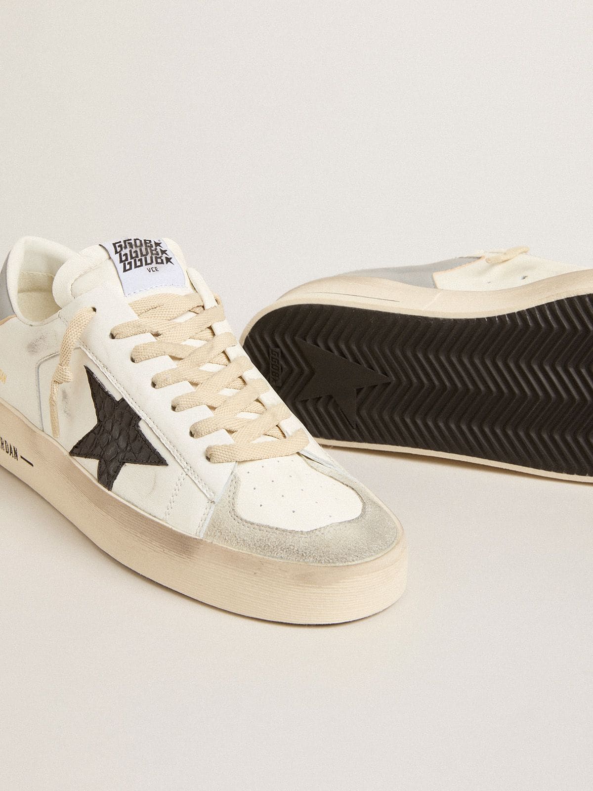 Men's Stardan in white nappa with croc-print leather star and gray heel tab