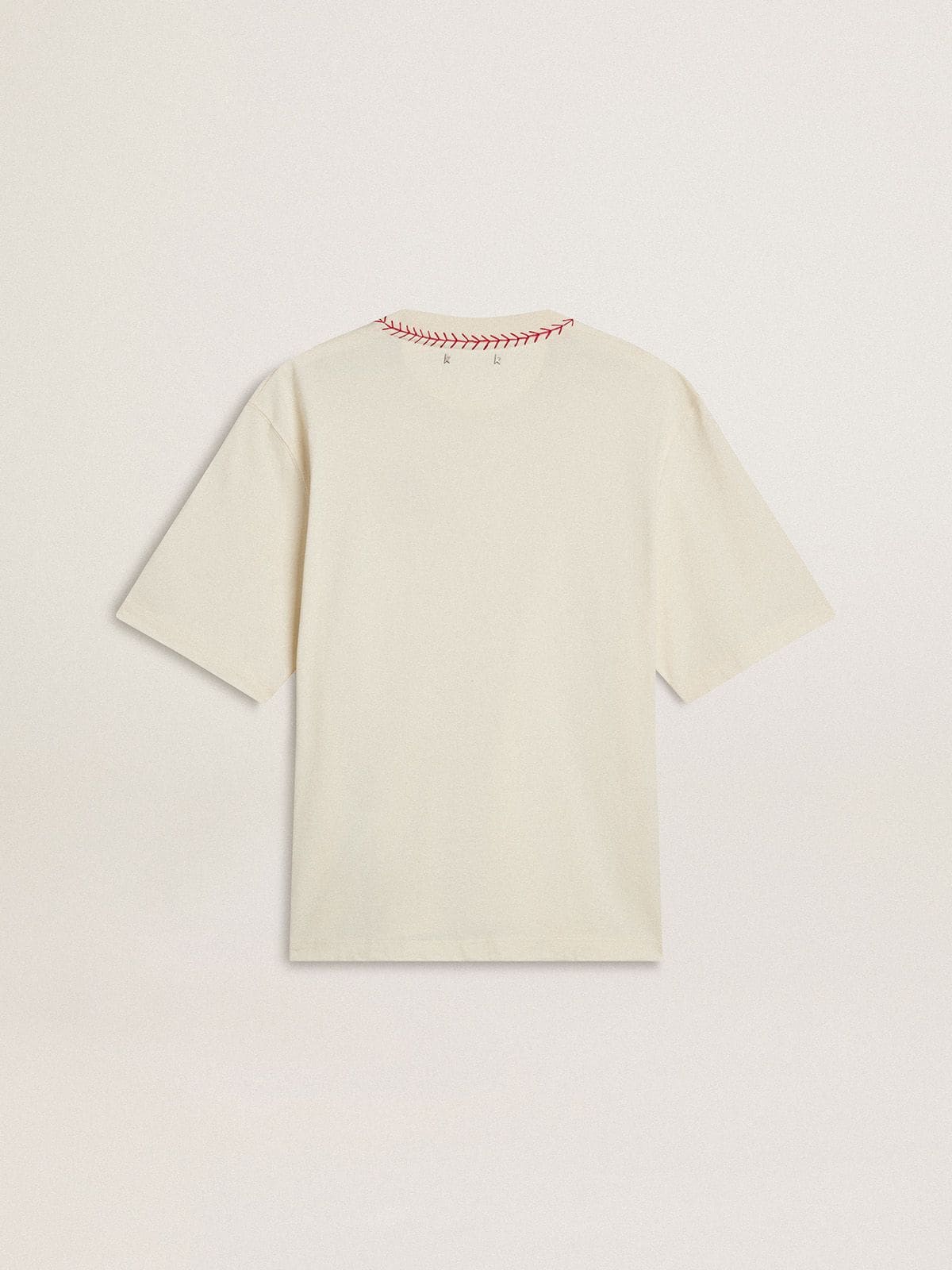 CNY worn-white sleeveless T-shirt with red embroidery