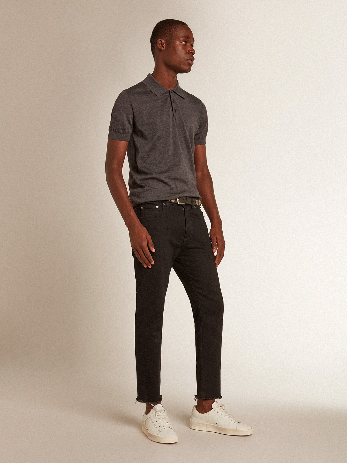 Men's short-sleeved polo shirt in gray merino wool