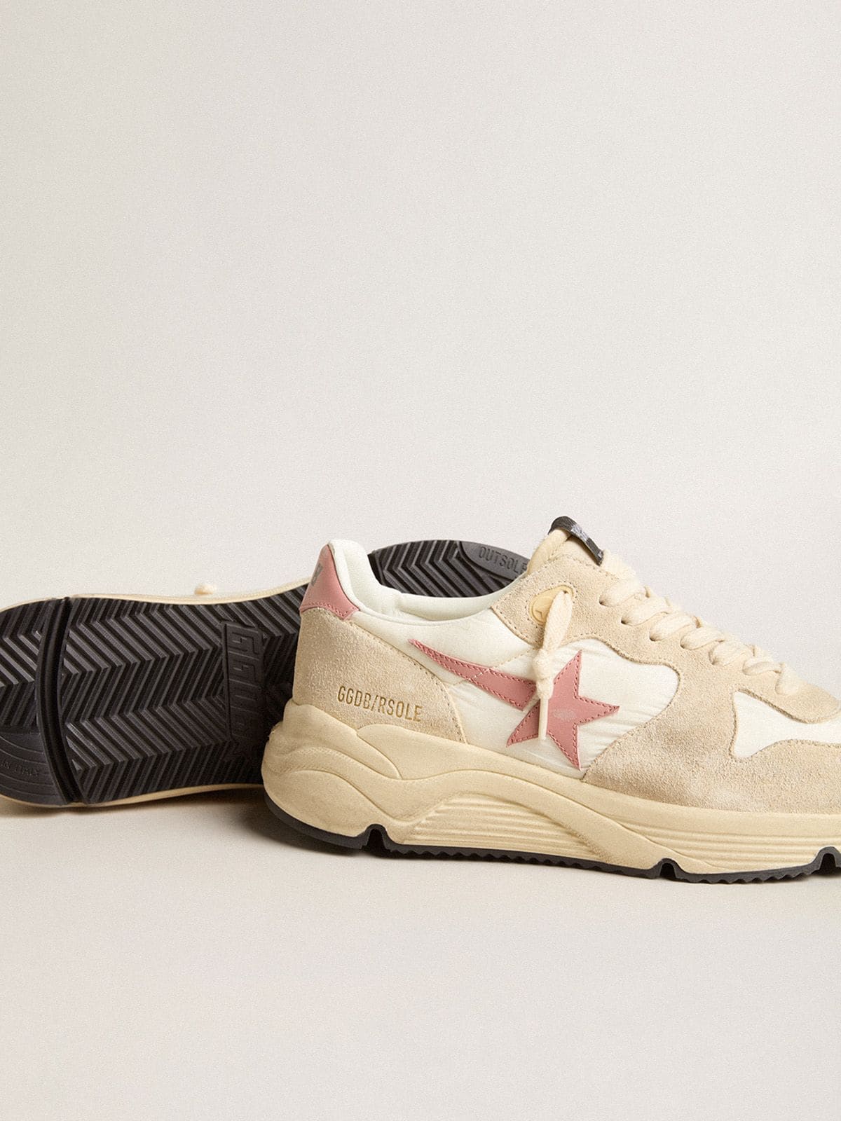 Women's Running Sole in beige nylon with pink leather star and heel tab
