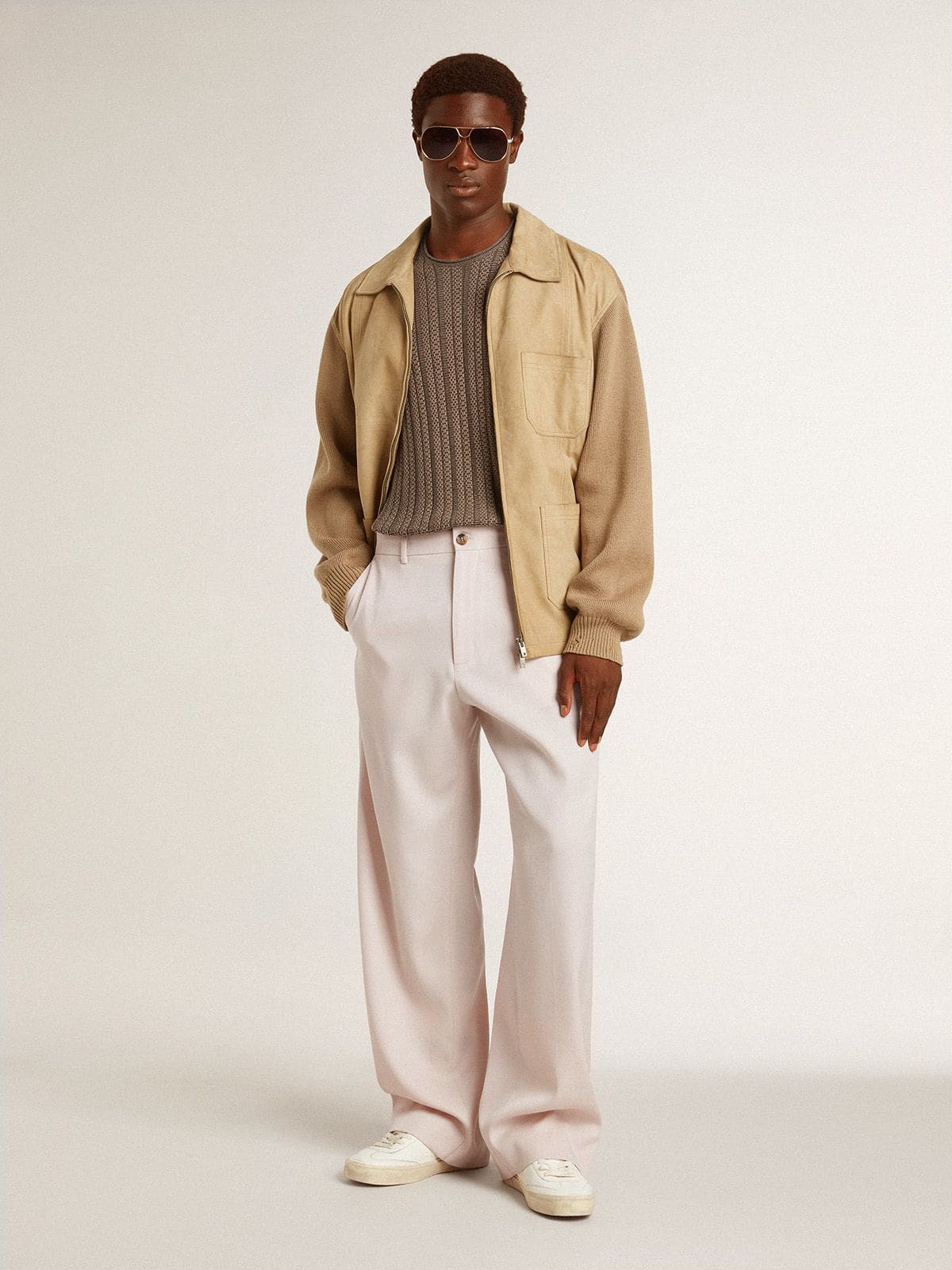 Men's travertine-colored sweater with 'Golden' patch lettering on the back