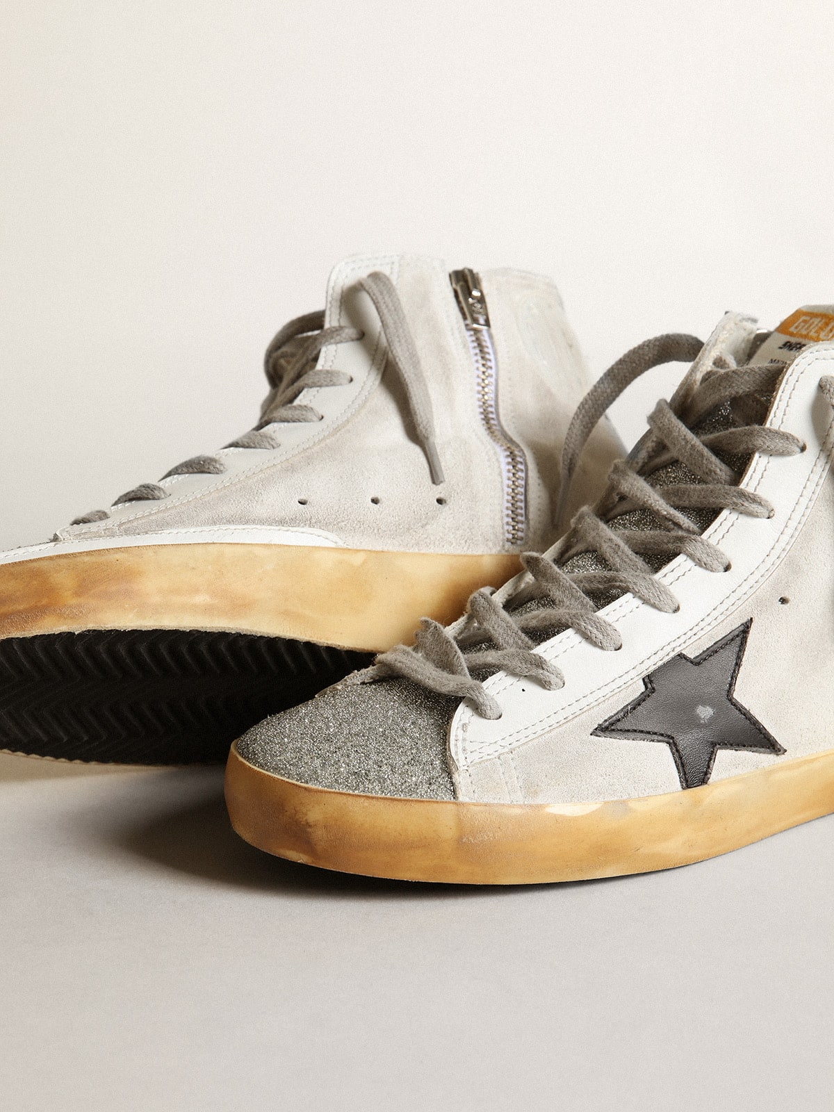 Women's Francy in white suede with black leather star and silver Swarovski crystal tongue