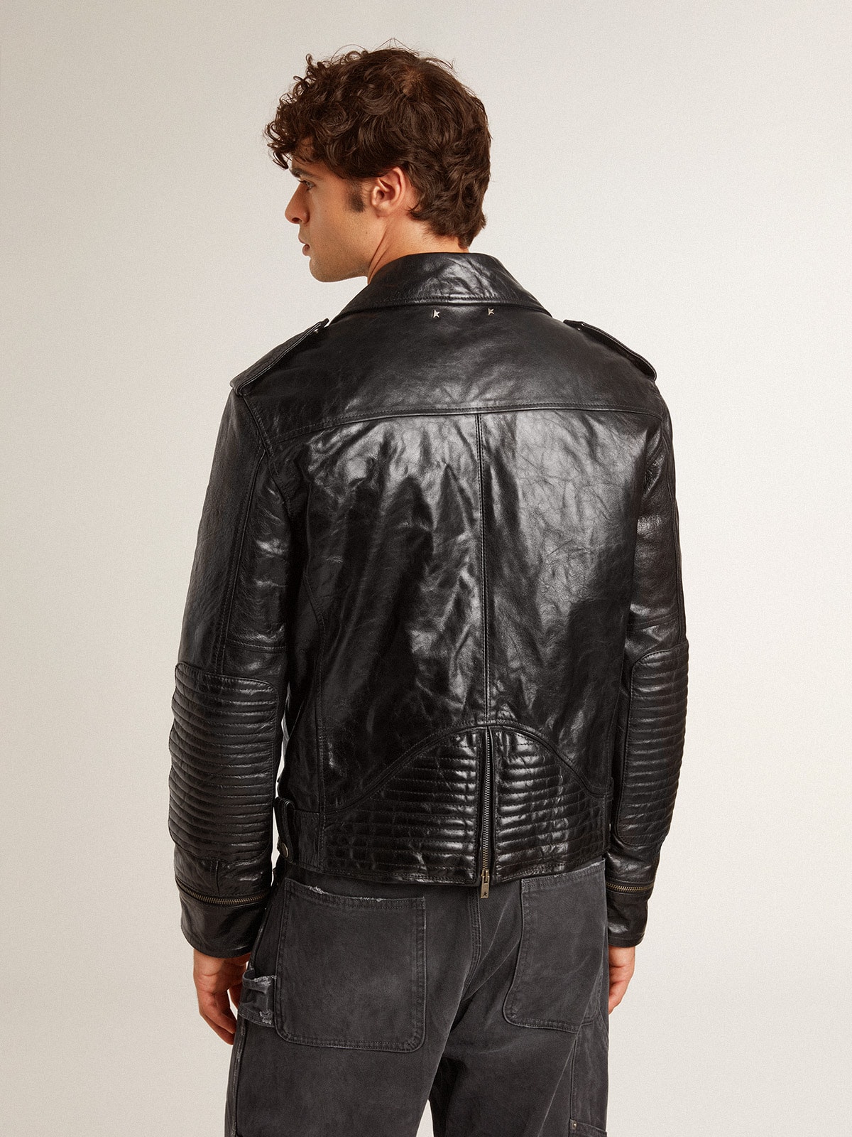 Men's black leather biker jacket with glossy effect