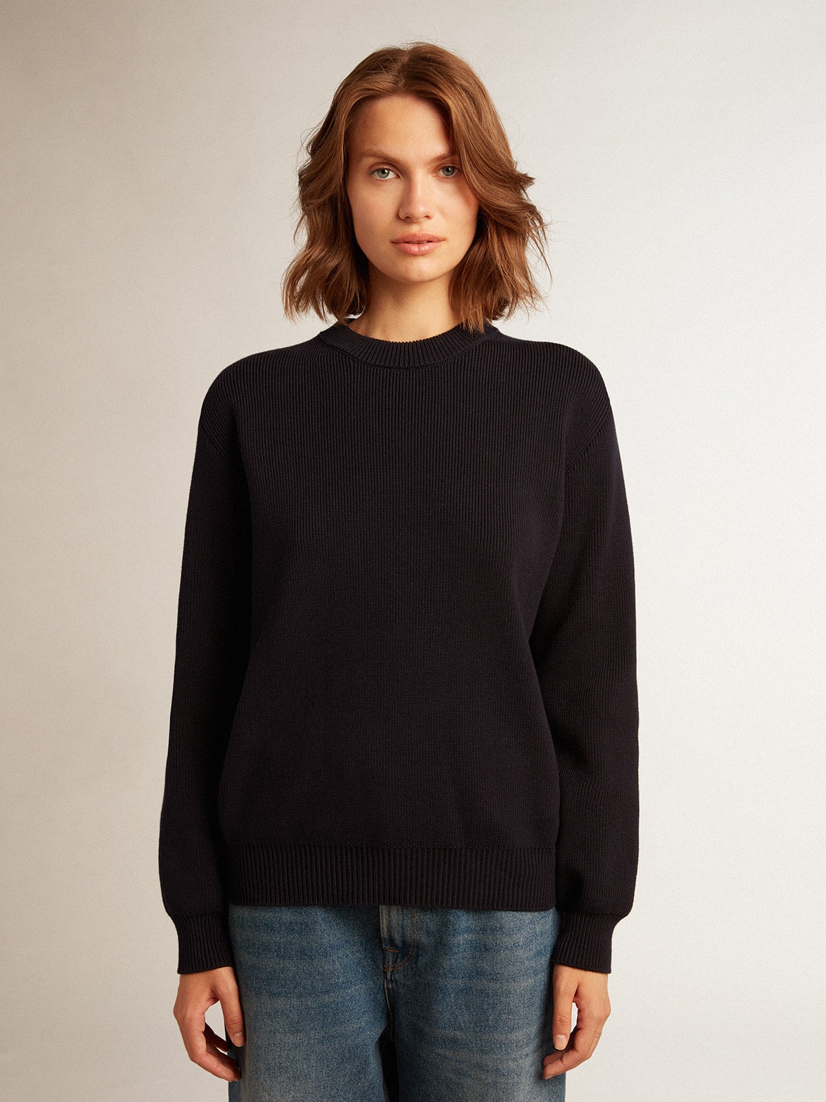 Women's round-neck sweater in dark blue cotton with logo on the back