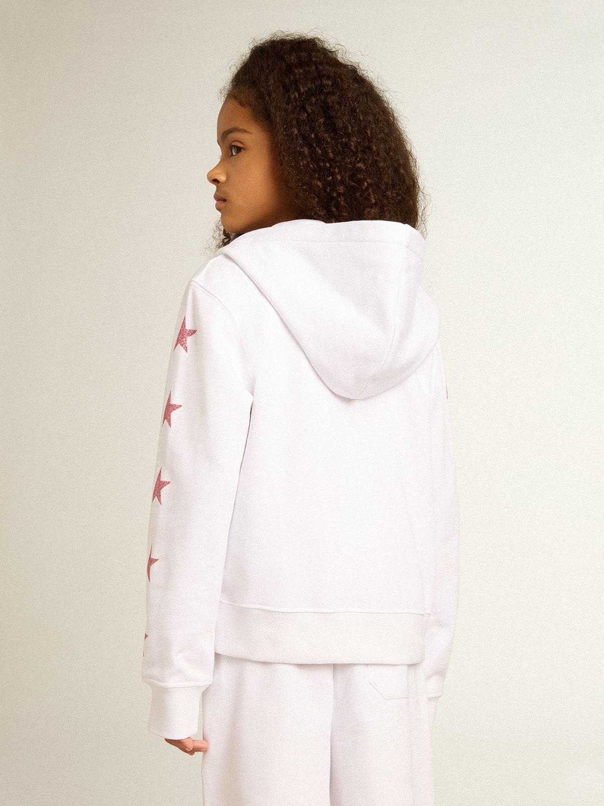 Girls' zip-up sweatshirt in white with glitter stars on the sleeves