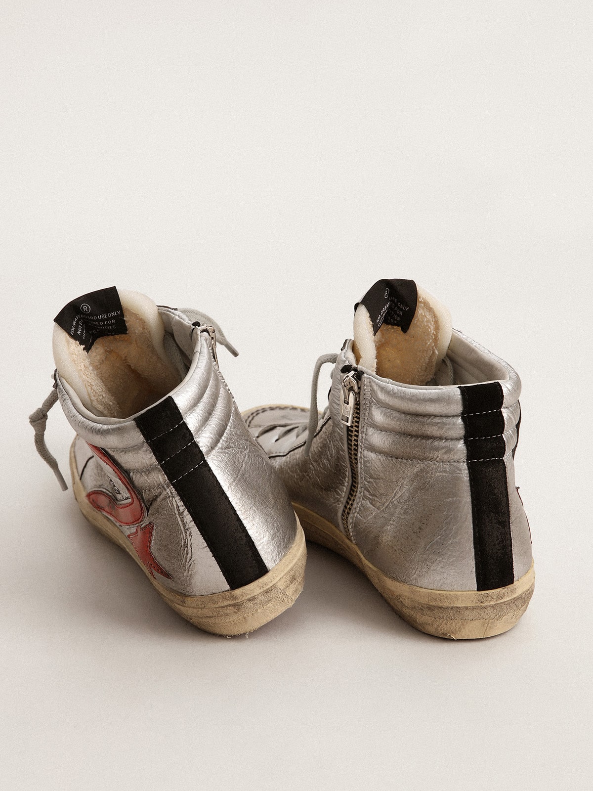 Women's Slide with silver metallic leather upper and red metallic leather flash
