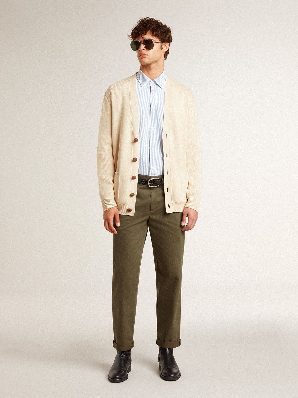 Men's beige cardigan with 'Golden' lettering on the back