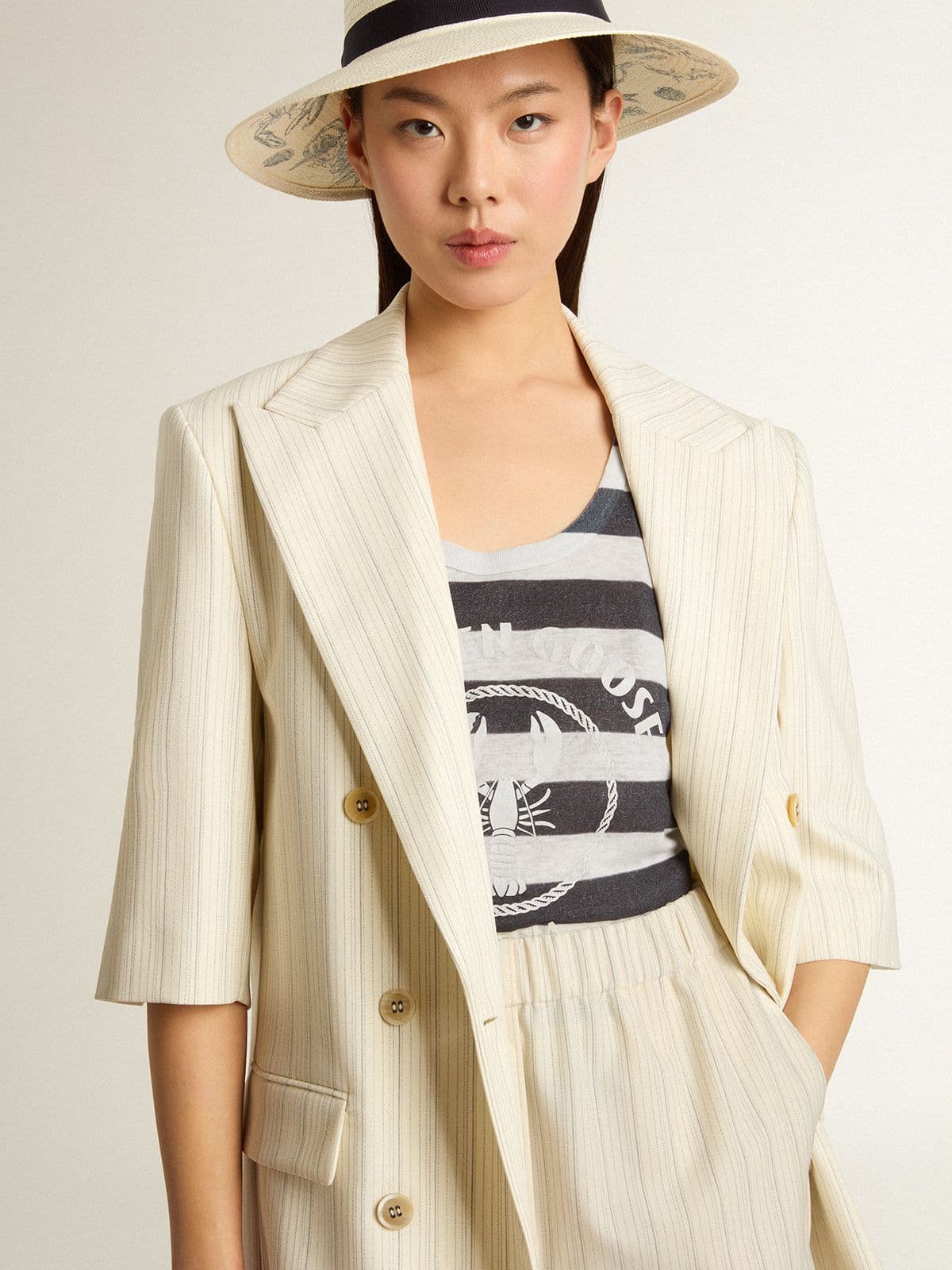 Women's white and blue striped linen jersey top with lobster print