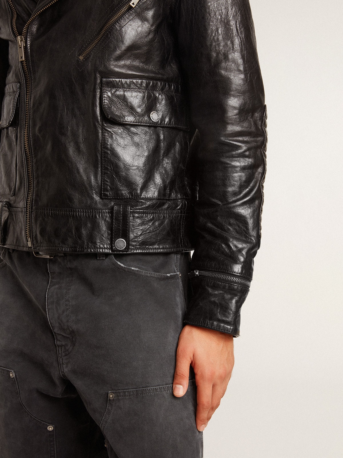 Men's black leather biker jacket with glossy effect