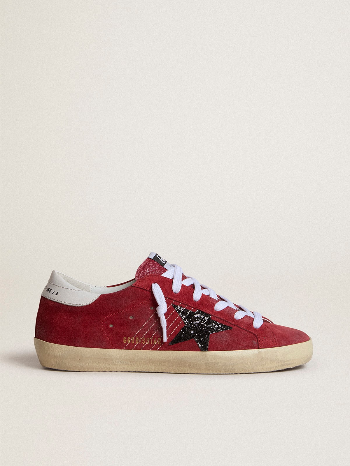 Women's Super-Star in red suede with glitter star and white heel tab