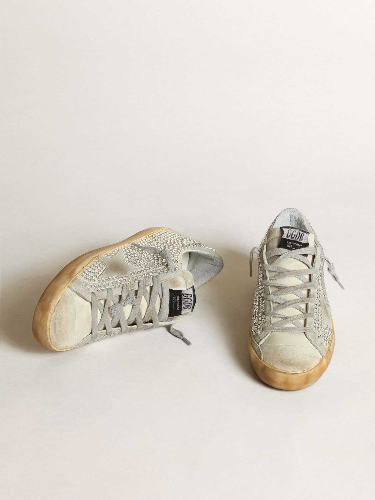 Women's Super-Star in aged white nubuck with Swarovski crystals