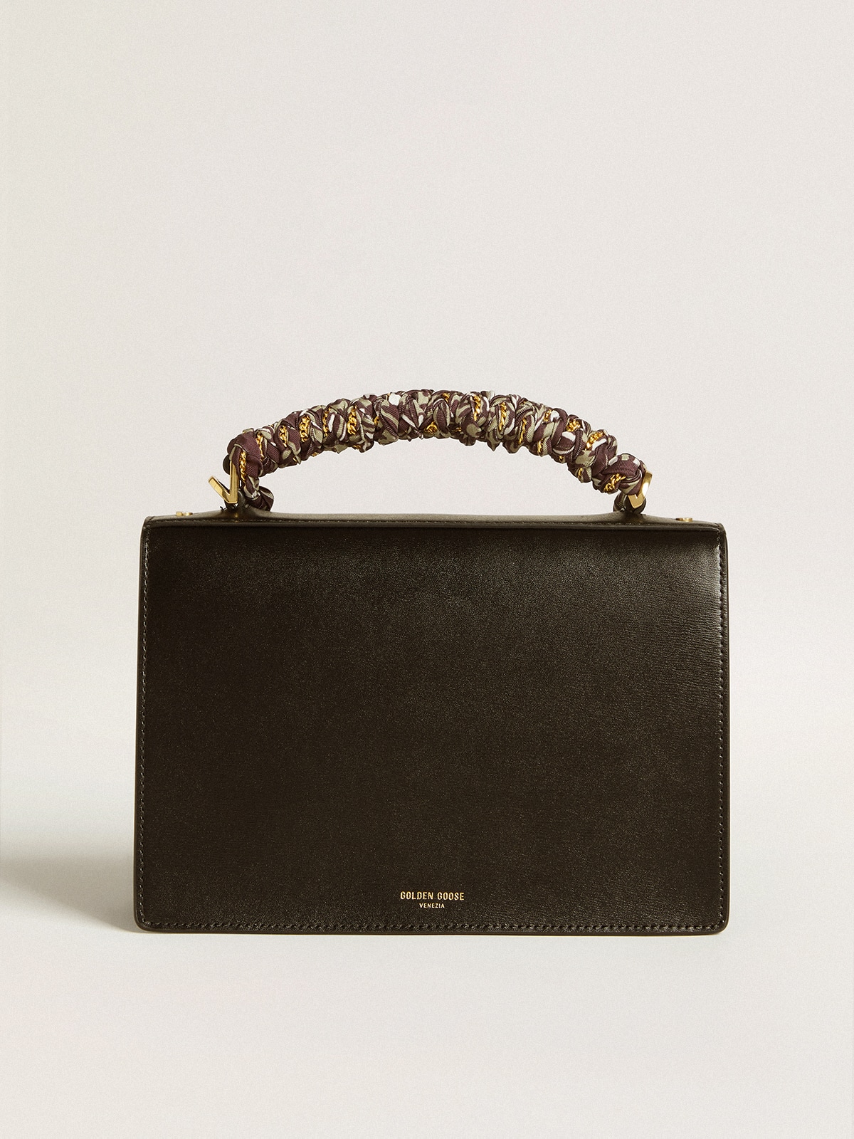 Venezia Bag in black boarded leather with multicolored scarf