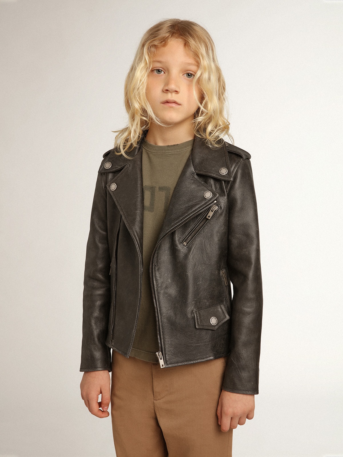 Boys' biker jacket in distressed leather
