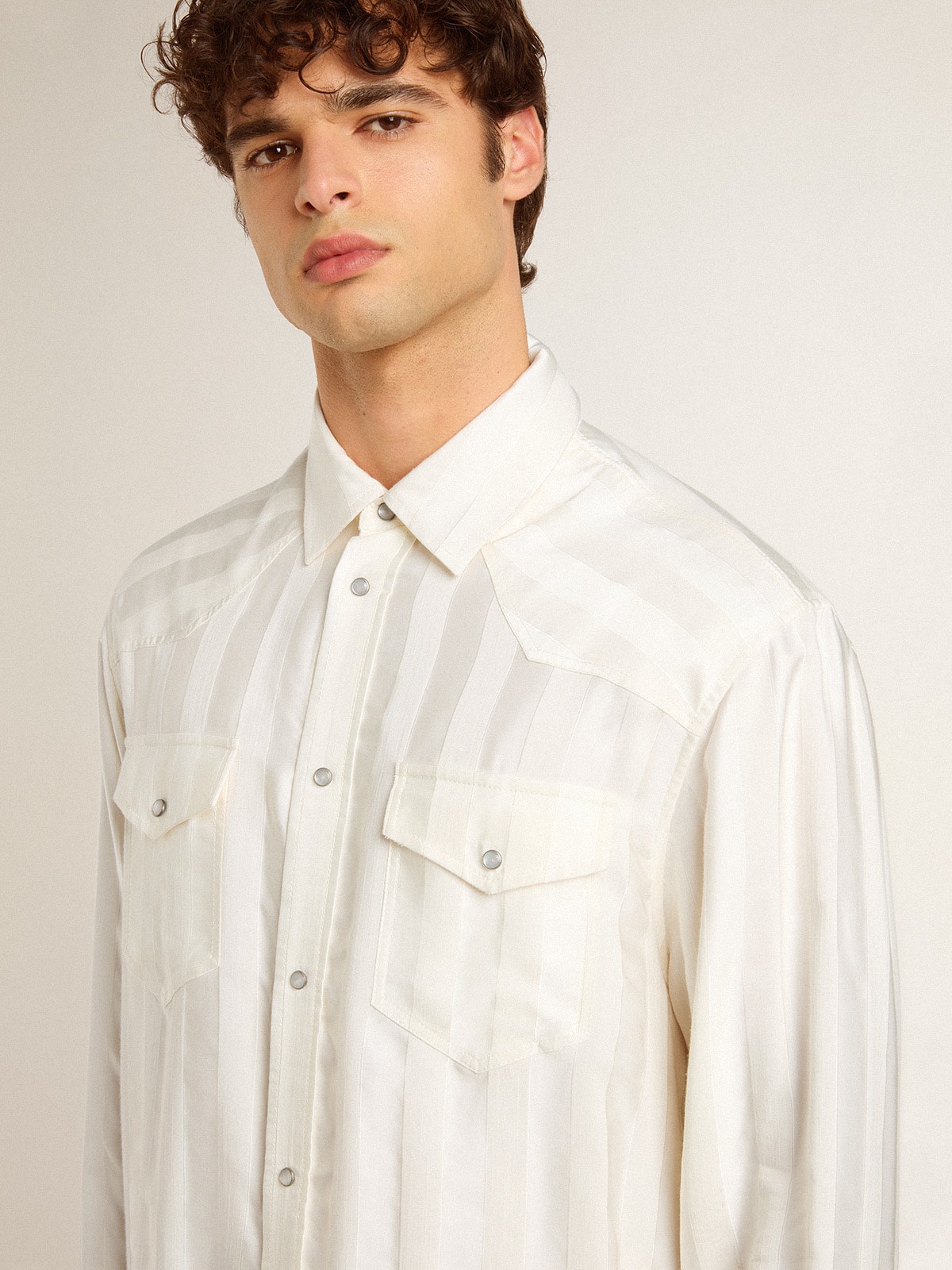 Men's oversized worn-white shirt with vertical stripes