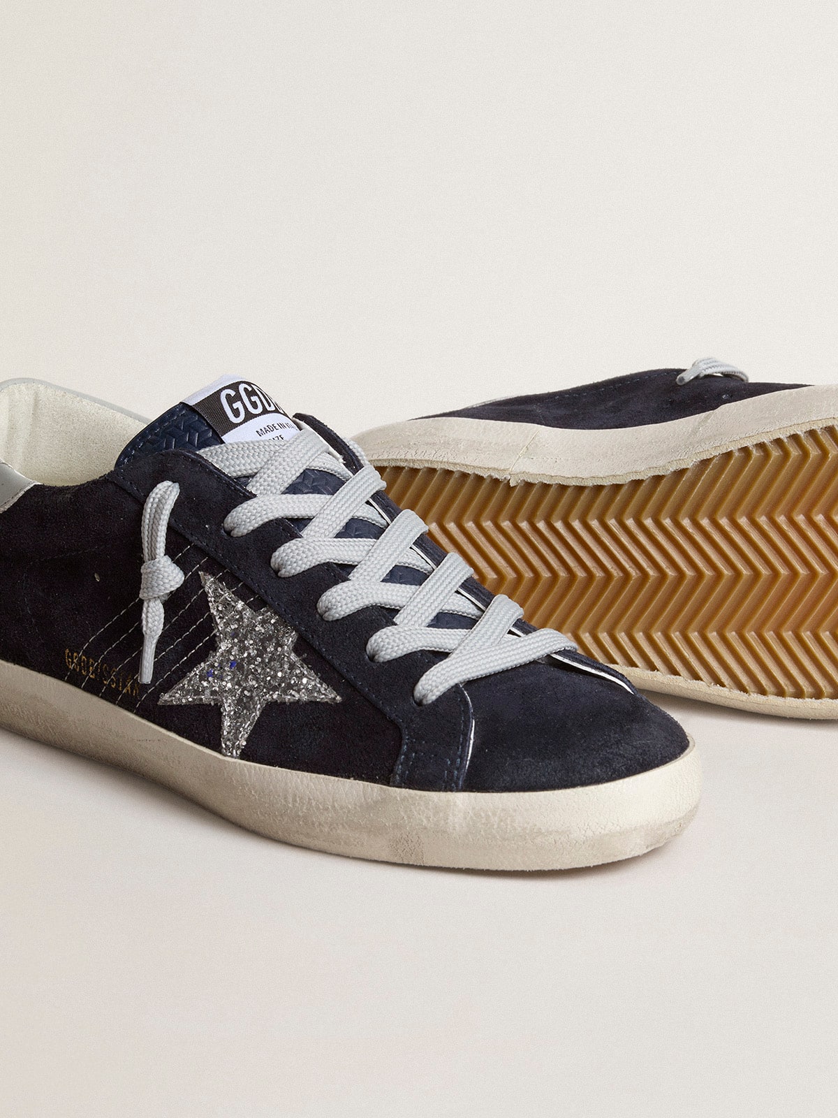 Women's Super-Star in blue suede, silver glitter star and leather heel tab