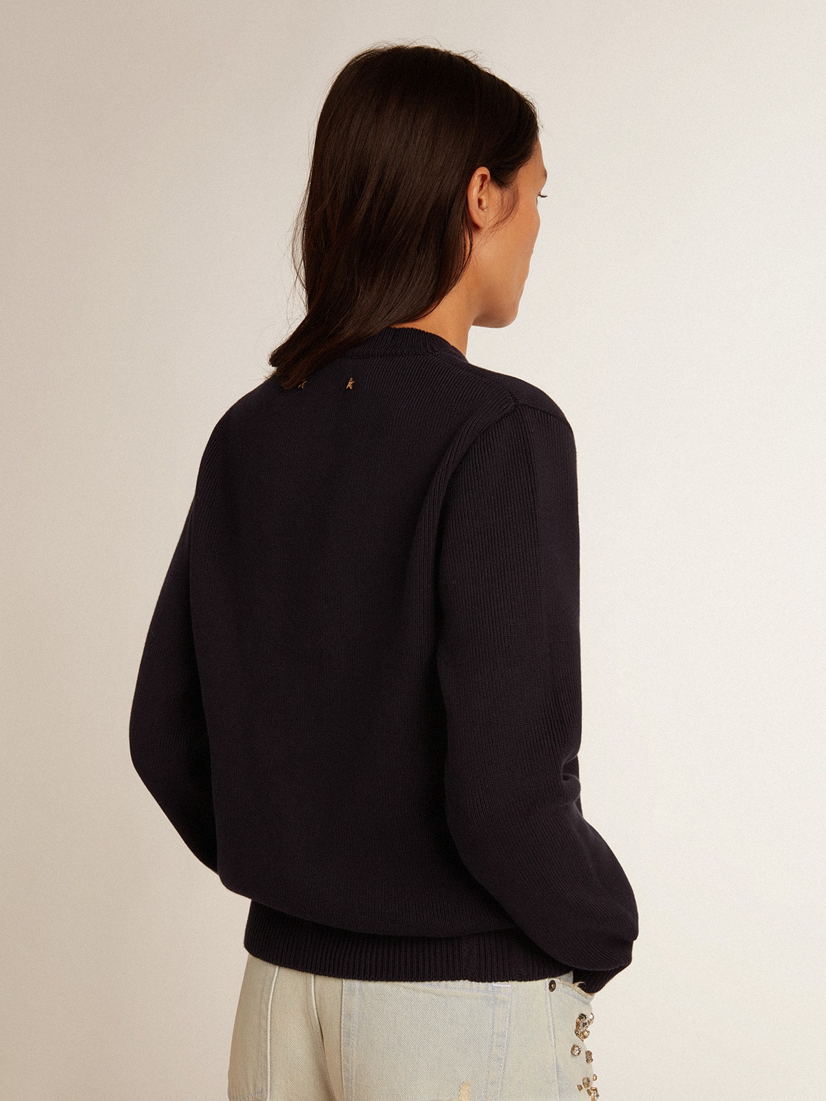 Women's round-neck sweater in dark blue cotton