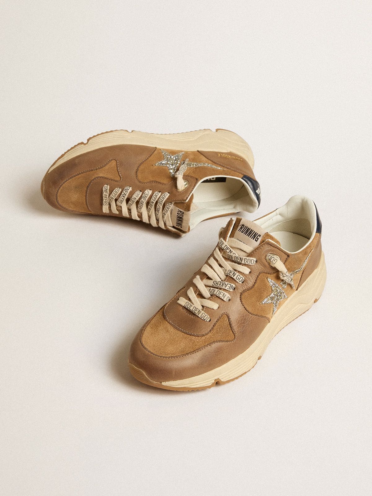 Women's Running Sole in tobacco-colored nappa leather and suede with silver glitter star