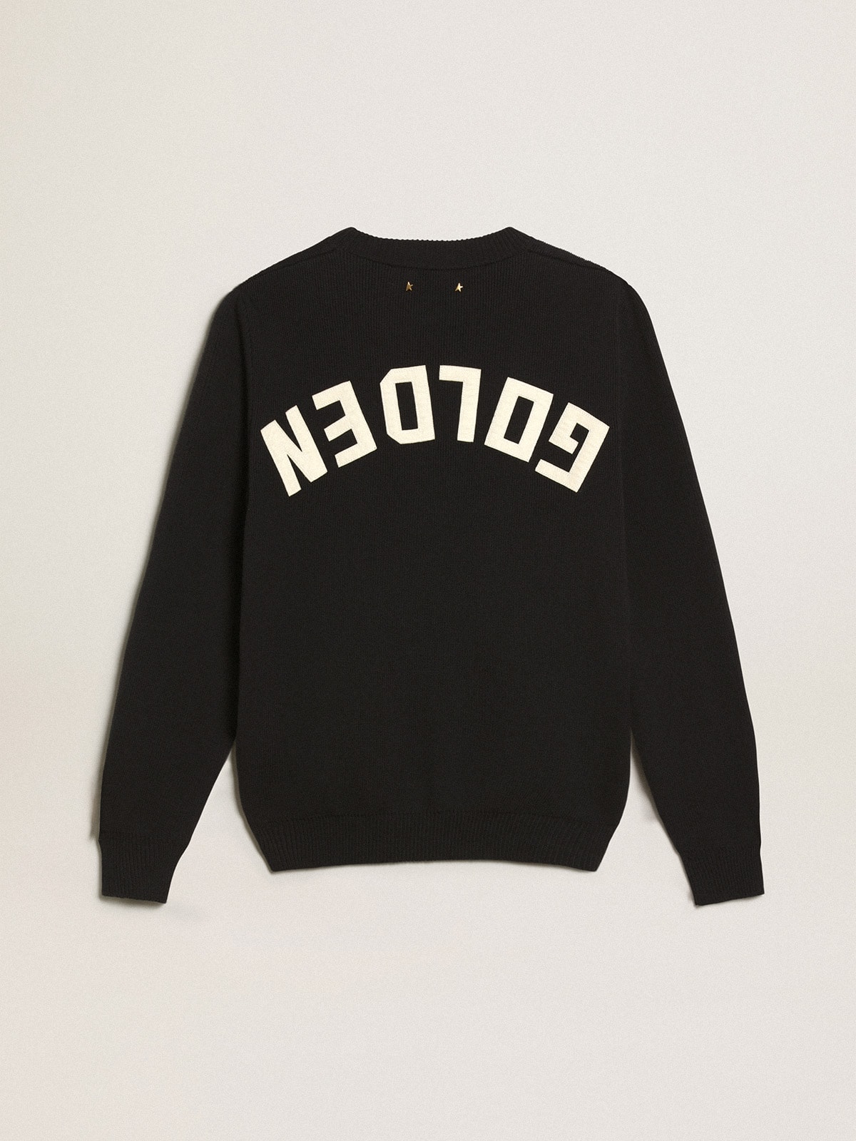 Women's round-neck sweater in dark blue cotton with logo on the back