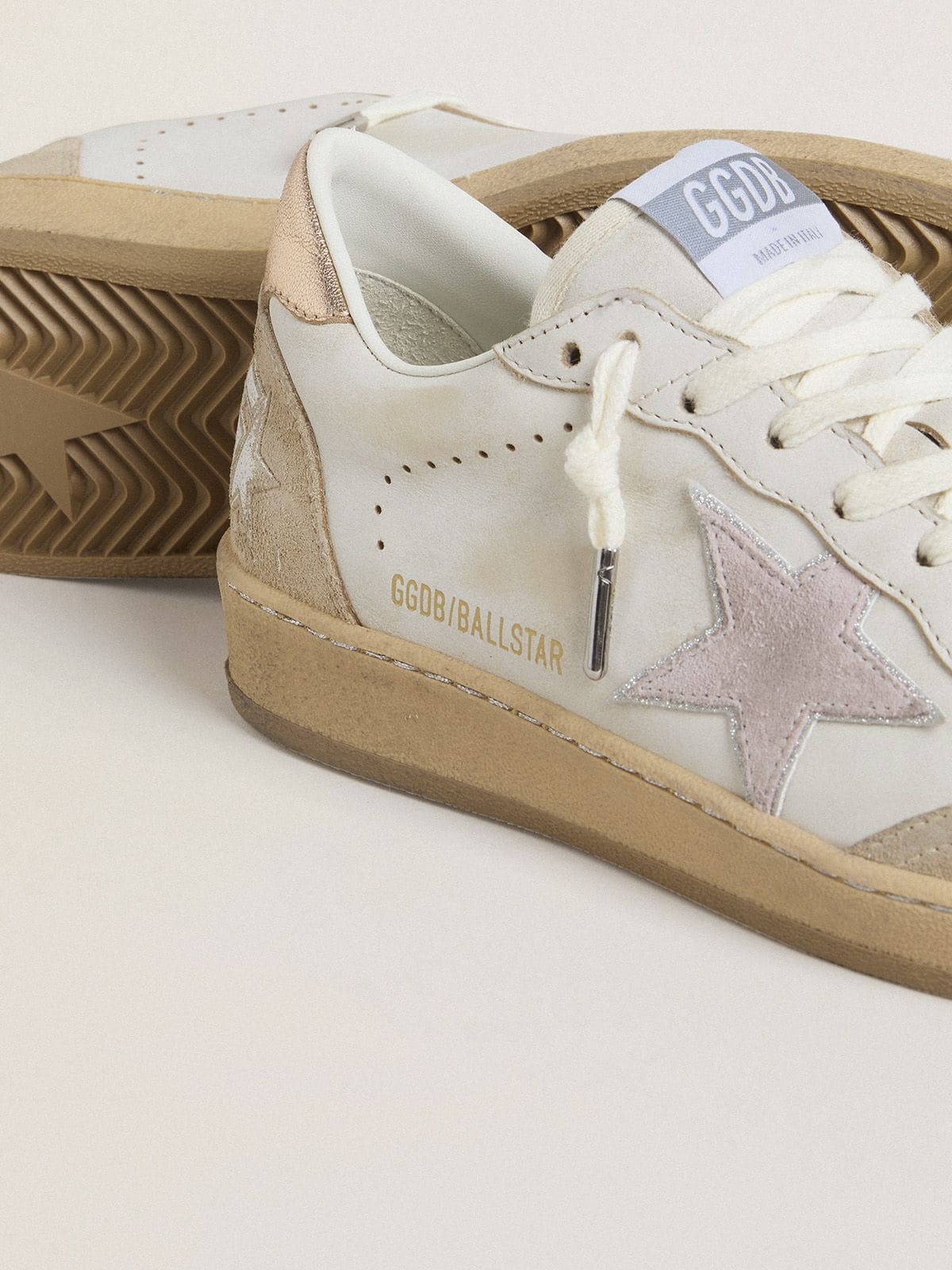 Ball Star with pink suede star and silver glitter edges and rose gold heel tab