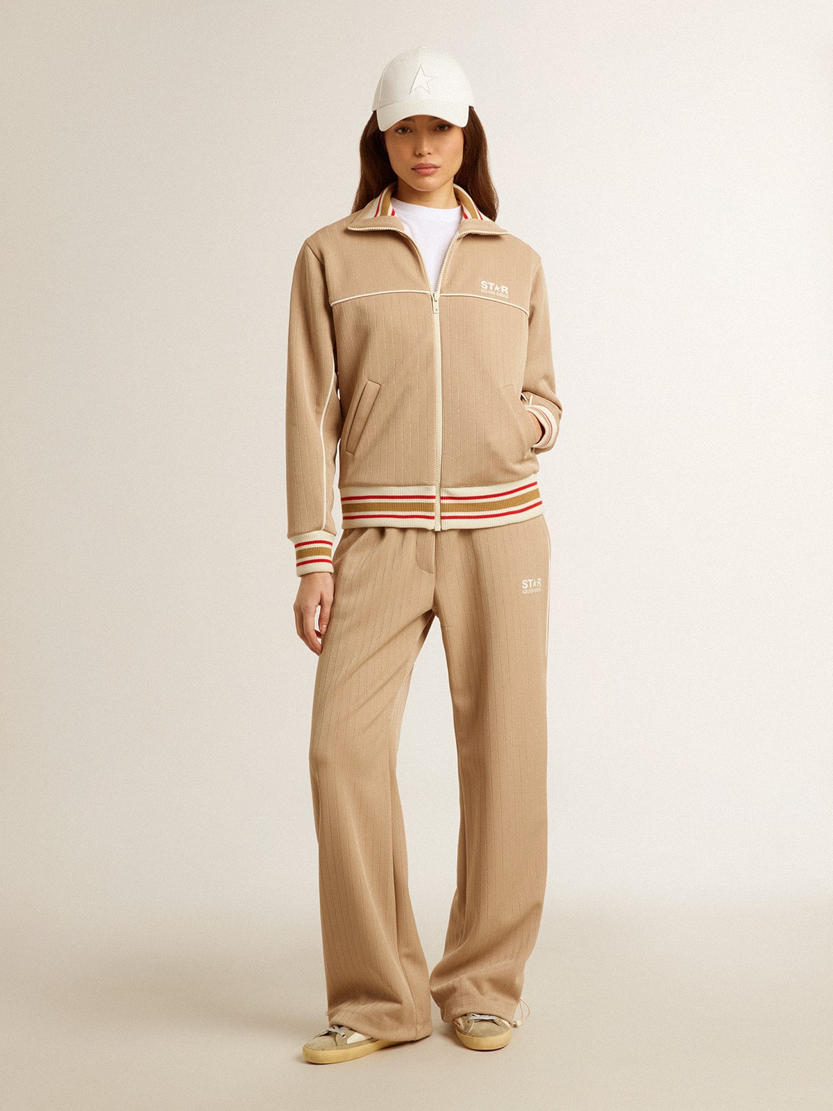Women's light beige zipped sweatshirt with white logo