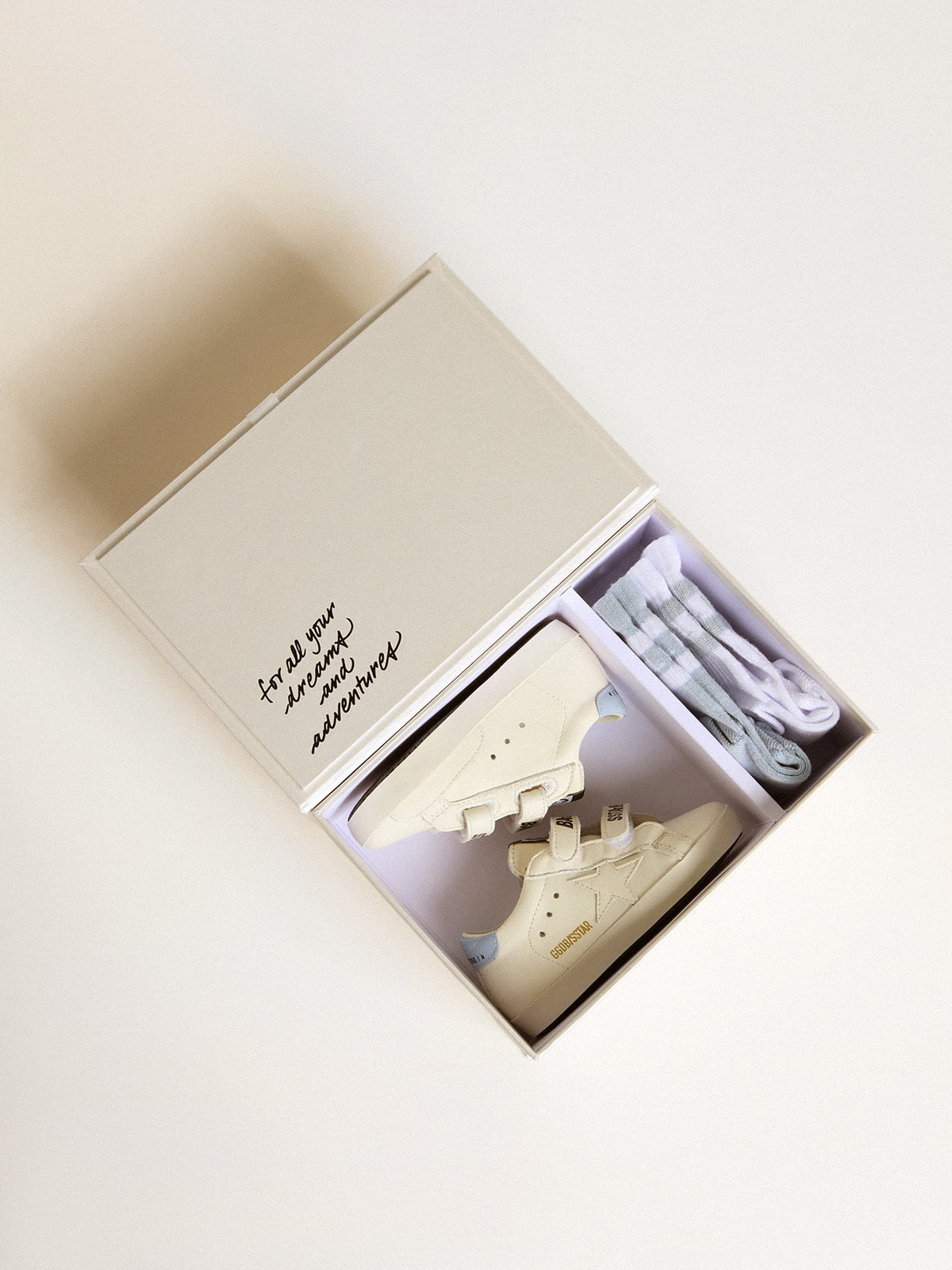 Baby School set in nappa with white star and light blue leather heel tab