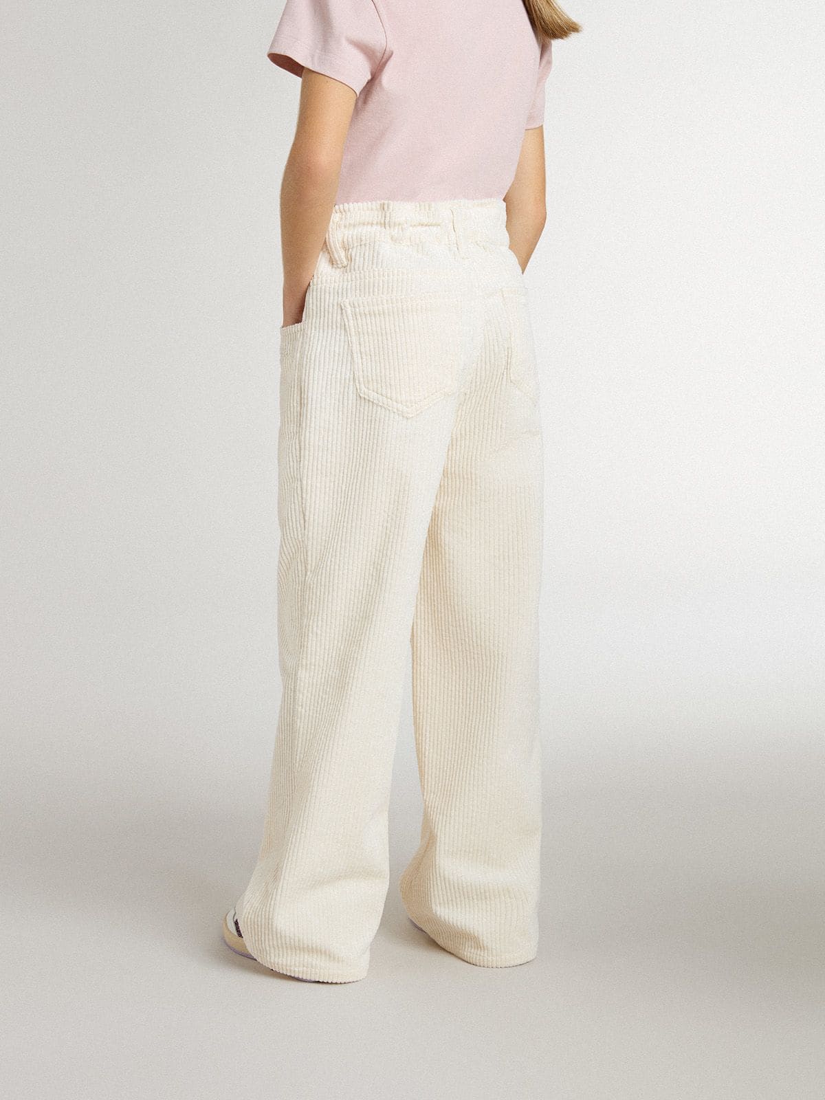 Girls' wide ribbed cream-colored trousers with embroidery
