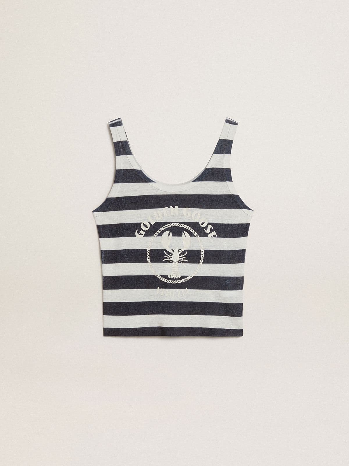 Women's white and blue striped linen jersey top with lobster print