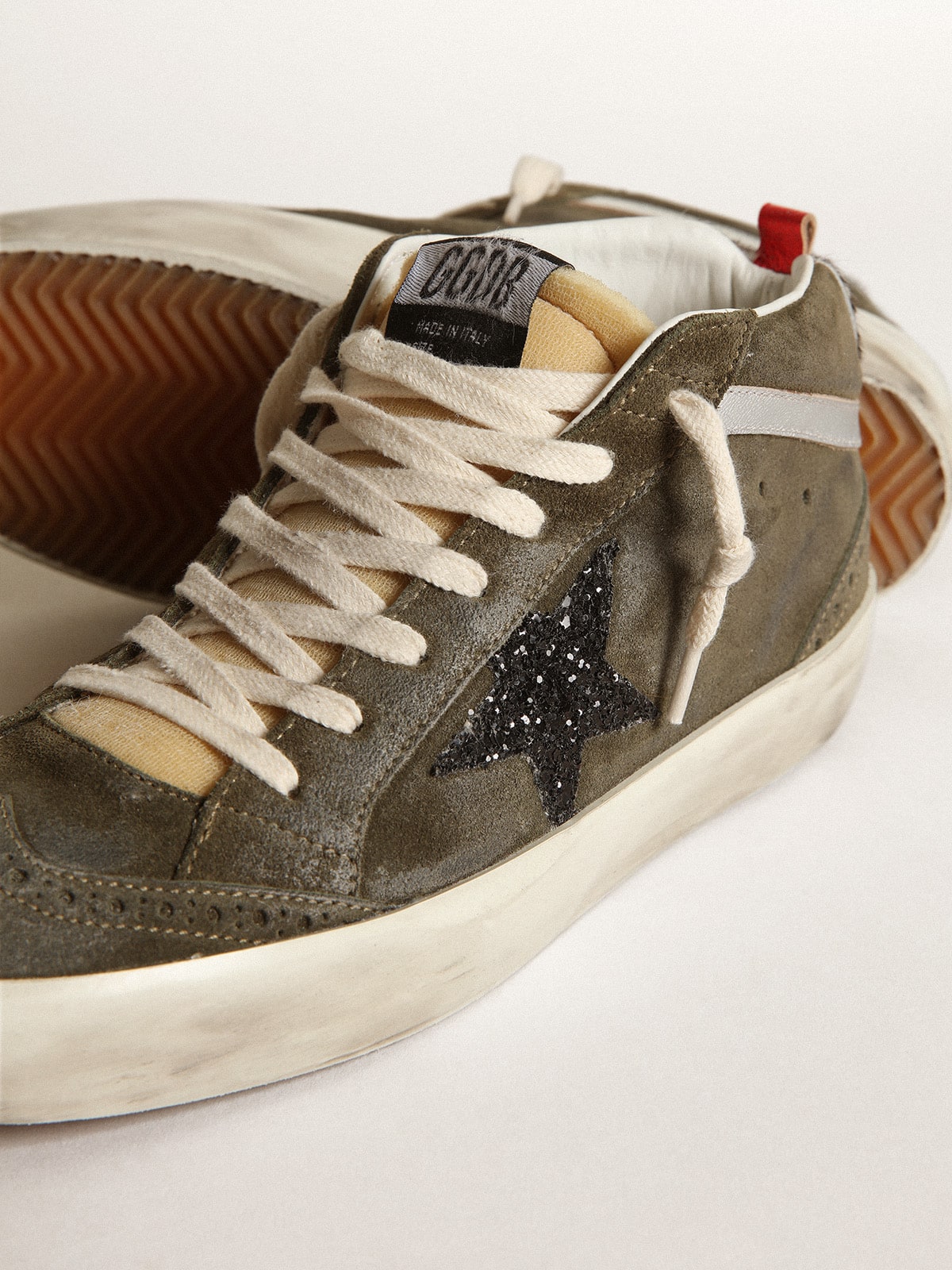 Women's Mid-Star in olive-green suede with black glitter star and pony skin heel tab