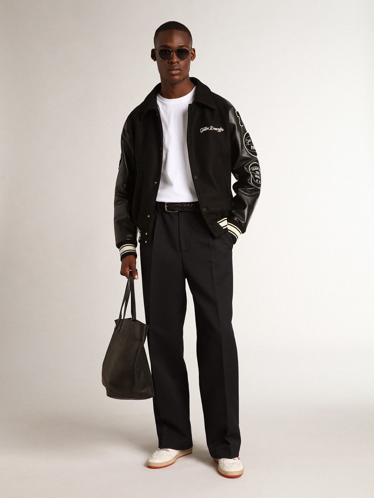 Black wool bomber jacket with patch