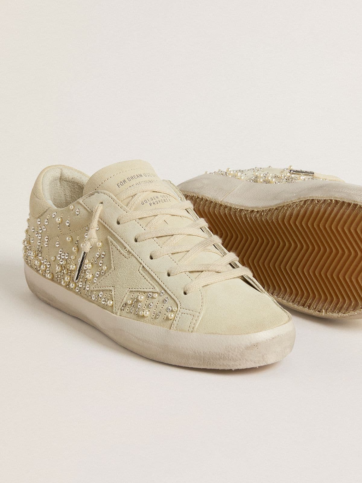Women's Super-Star in beige suede with pearls and Swarovski crystals