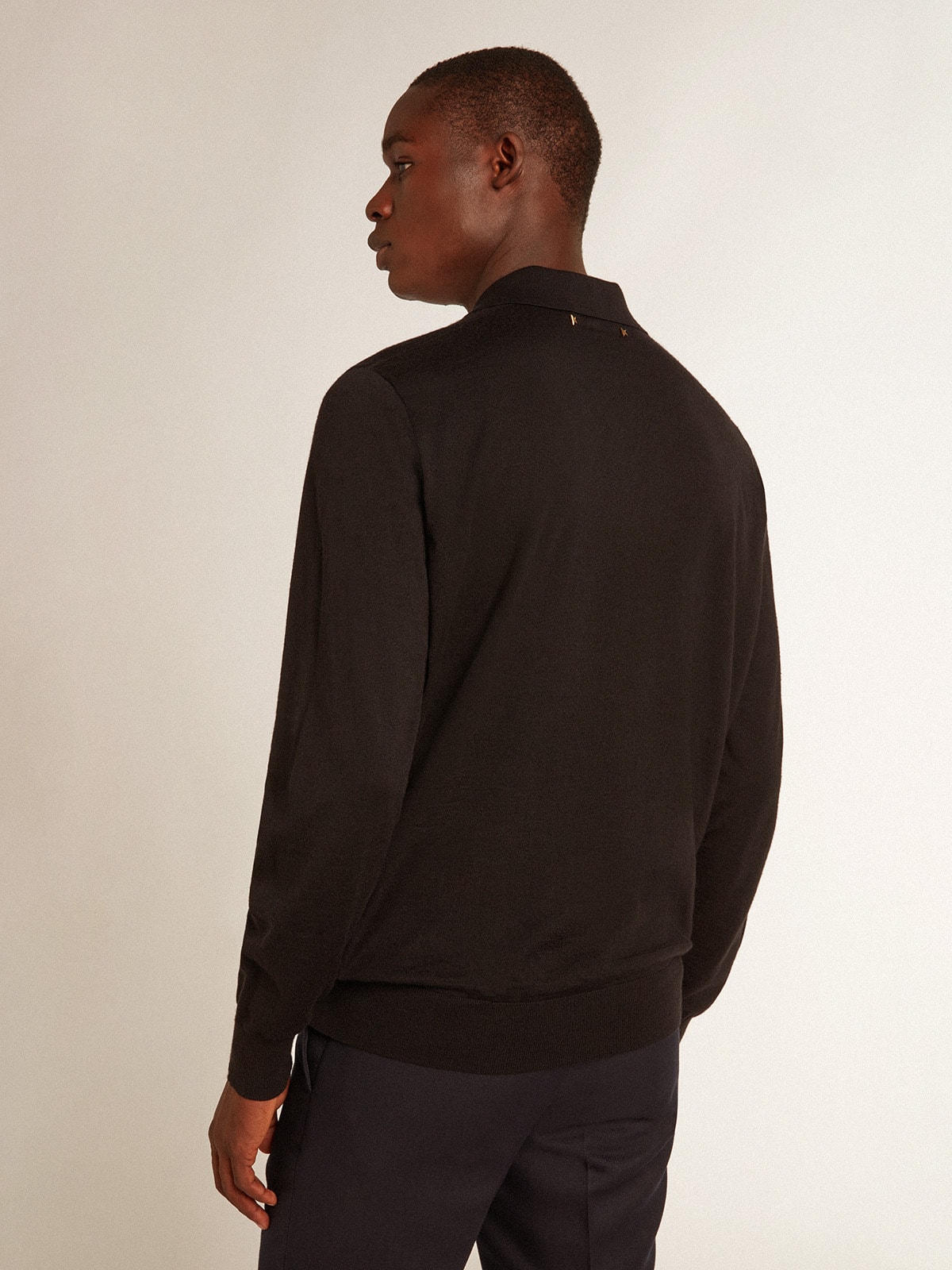 Men's long-sleeved polo shirt in black merino wool