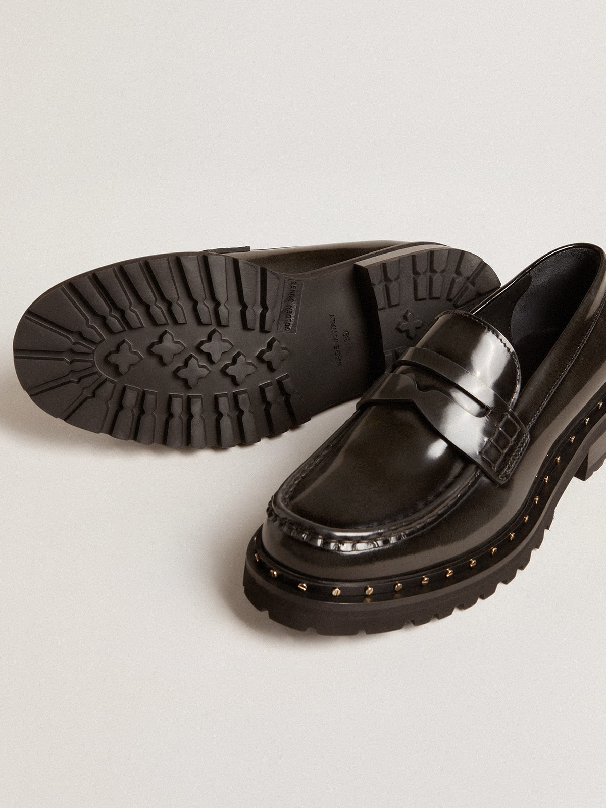 Women's chunky loafers in studded black leather