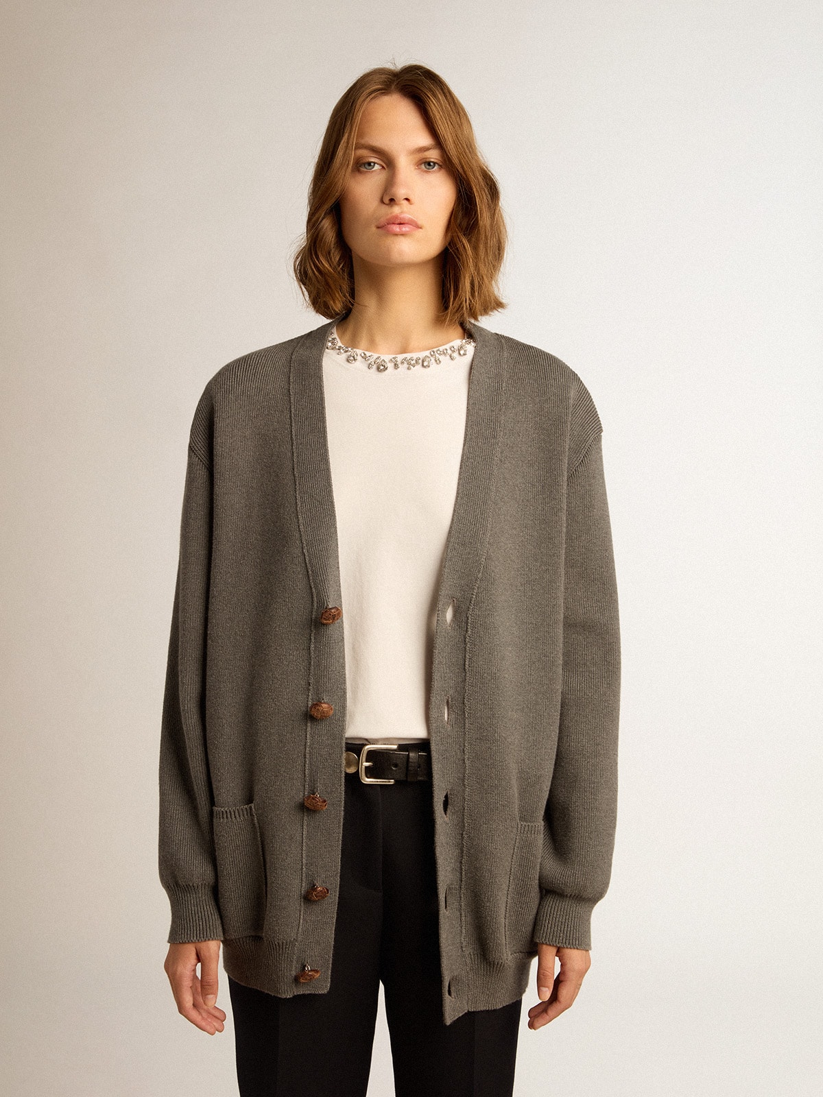 Women's mélange gray cotton cardigan with logo on the back