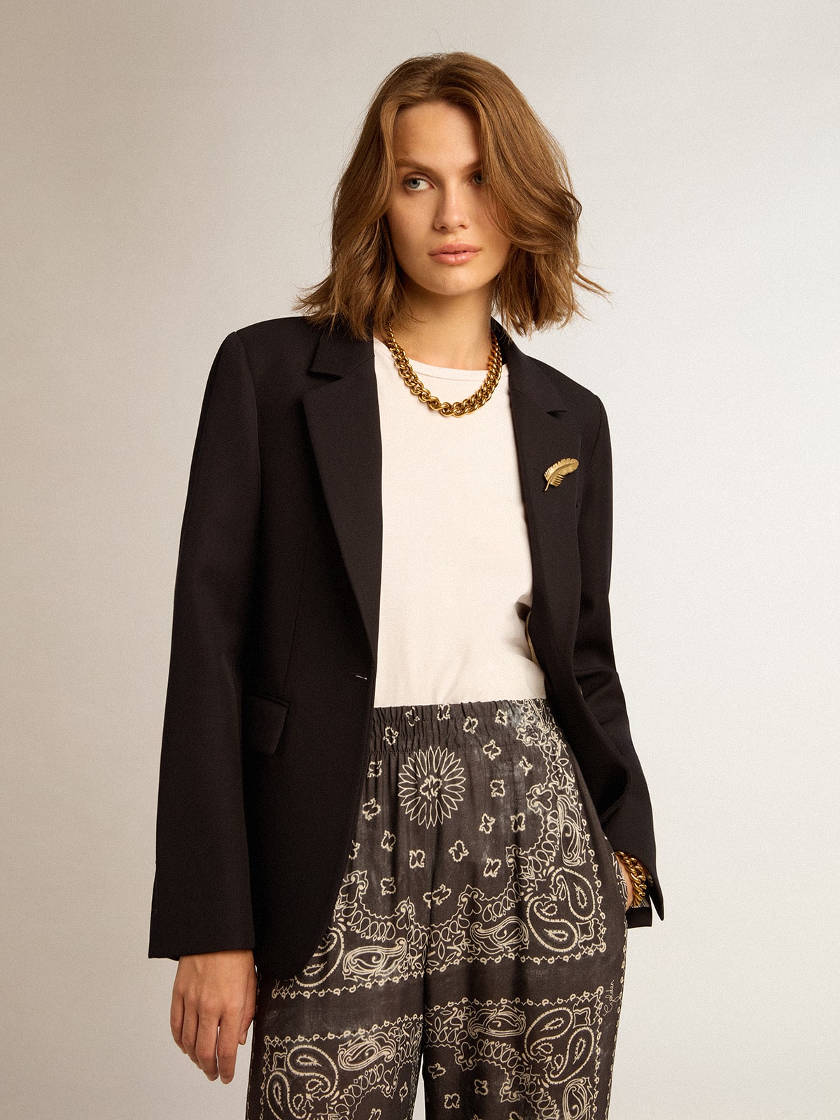 Women's single-breasted blazer in dark blue wool gabardine