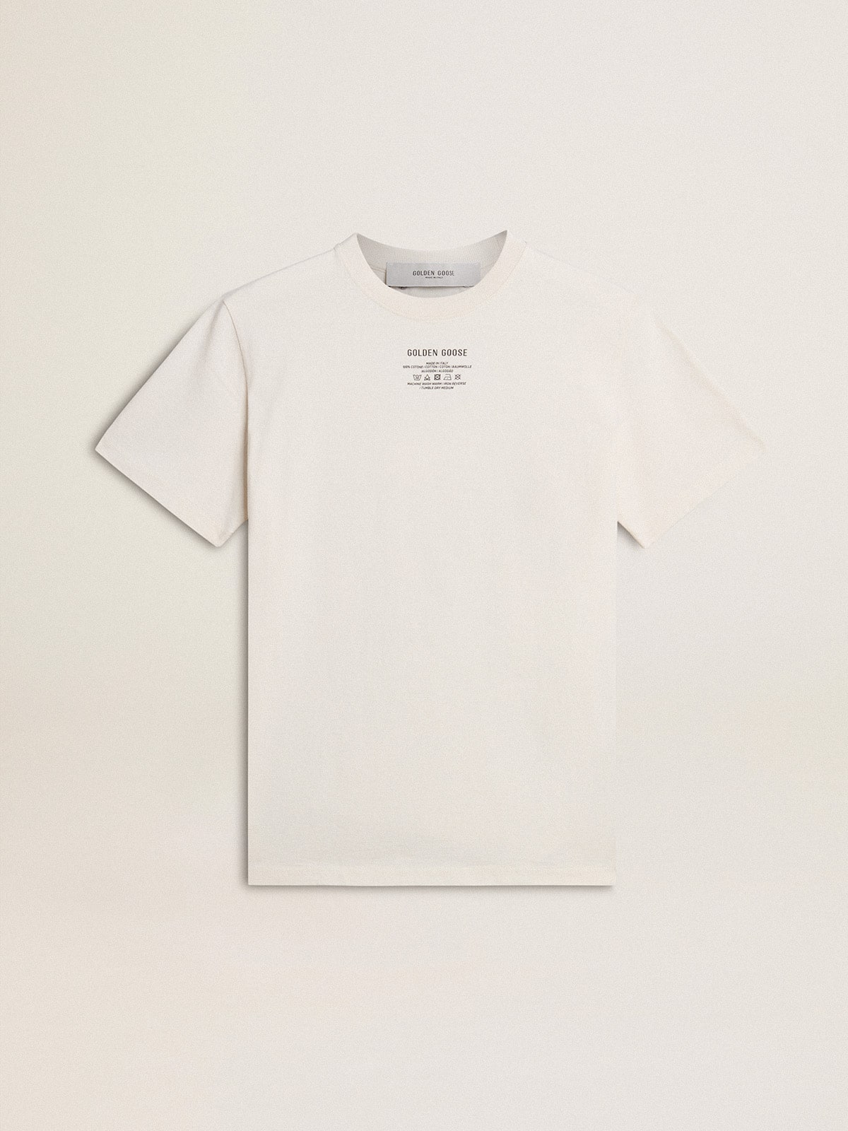 Women's worn-white cotton T-shirt with black lettering