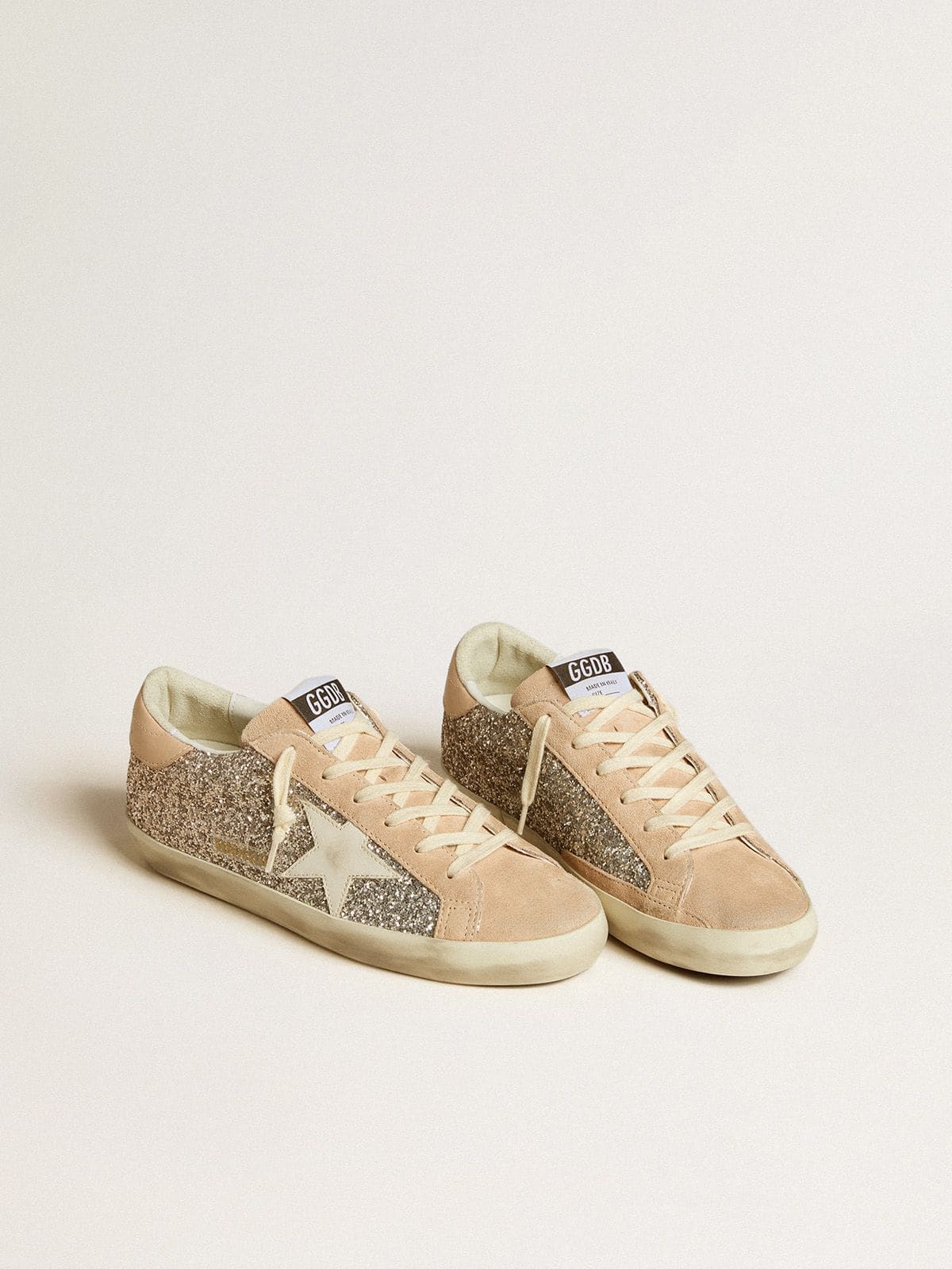 Women's Super-Star in silver glitter with leather star and heel tab