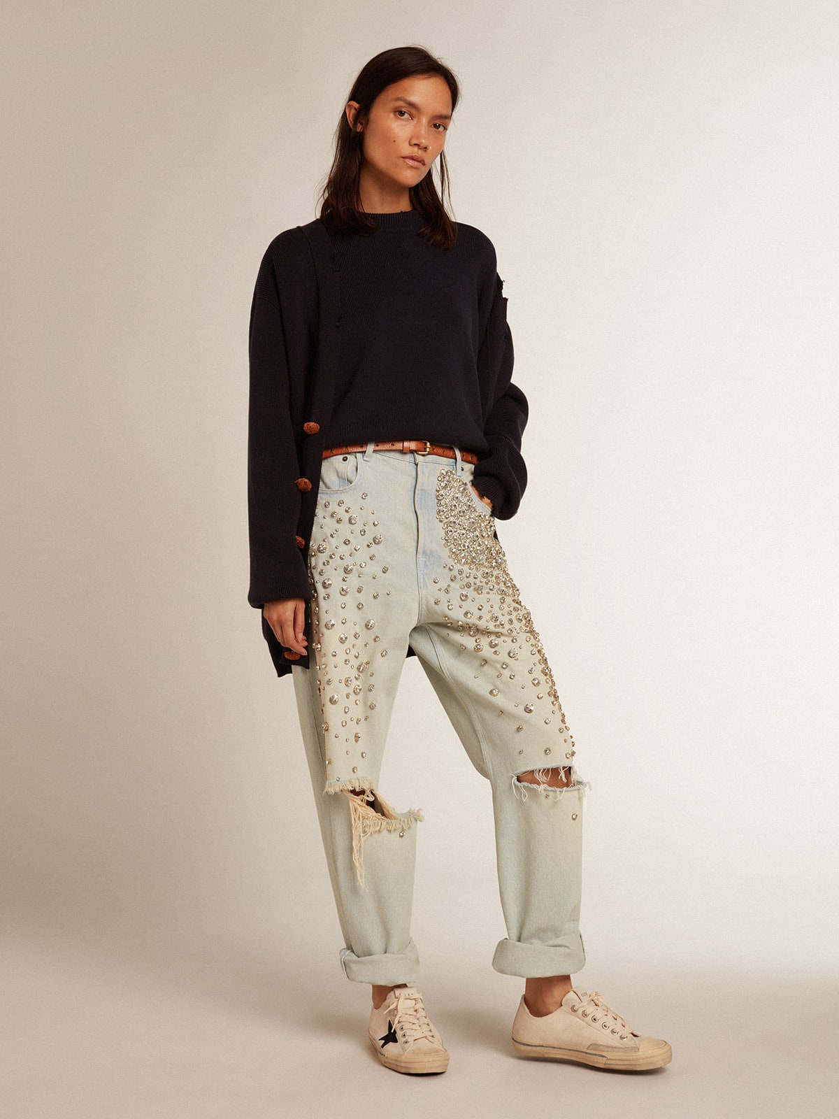 Women's round-neck sweater in dark blue cotton