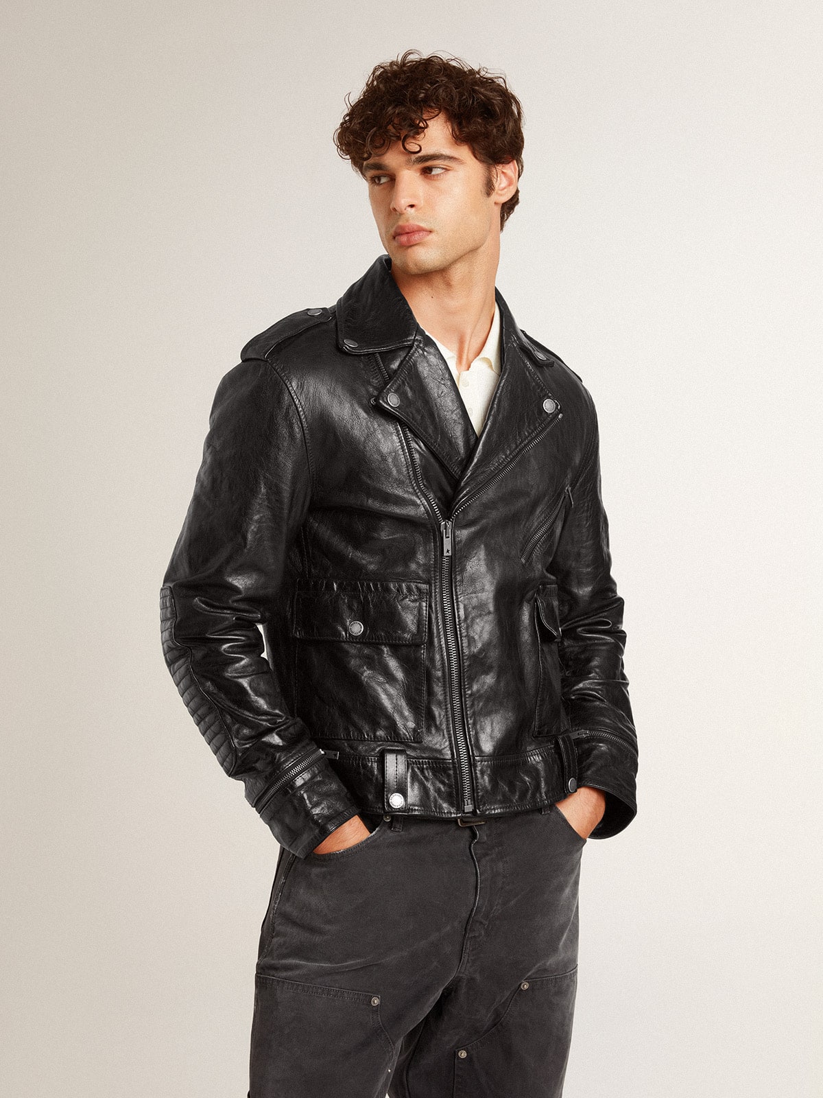 Men's black leather biker jacket with glossy effect