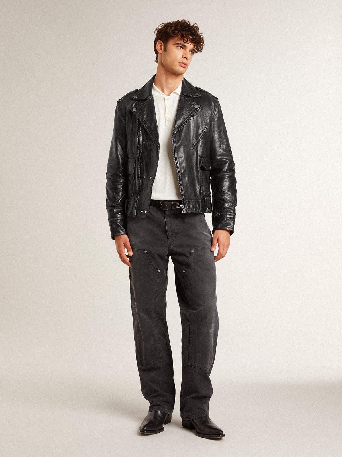 Men's black leather biker jacket with glossy effect