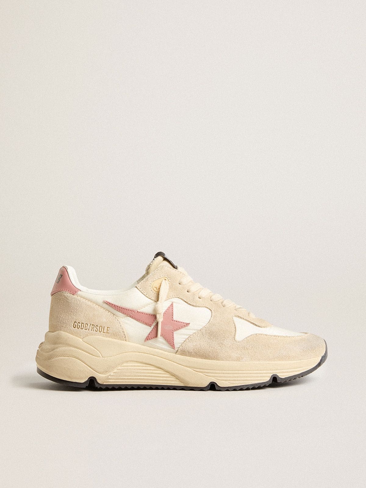 Women's Running Sole in beige nylon with pink leather star and heel tab