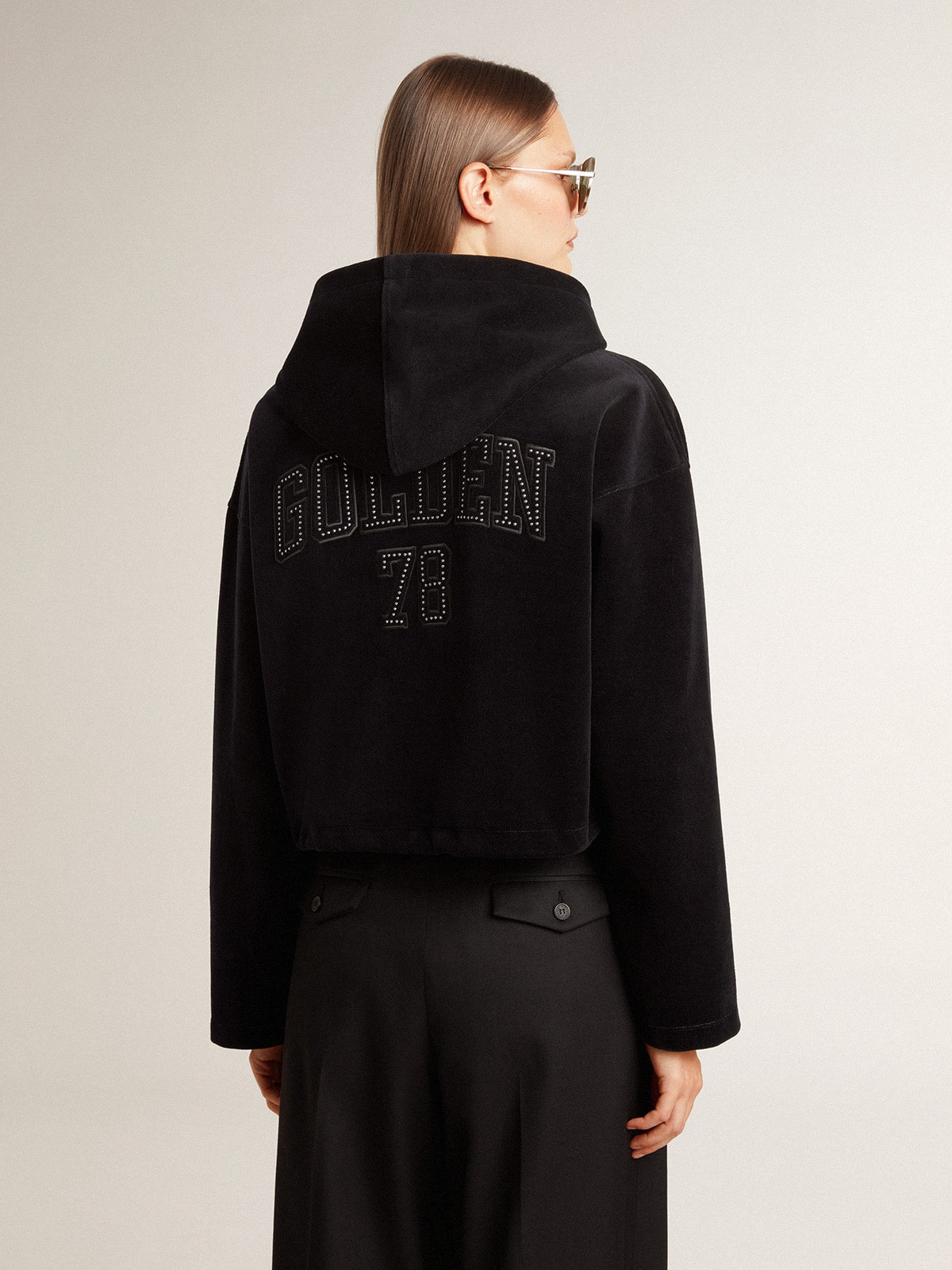 Women's black chenille sweatshirt with embroidery on the back
