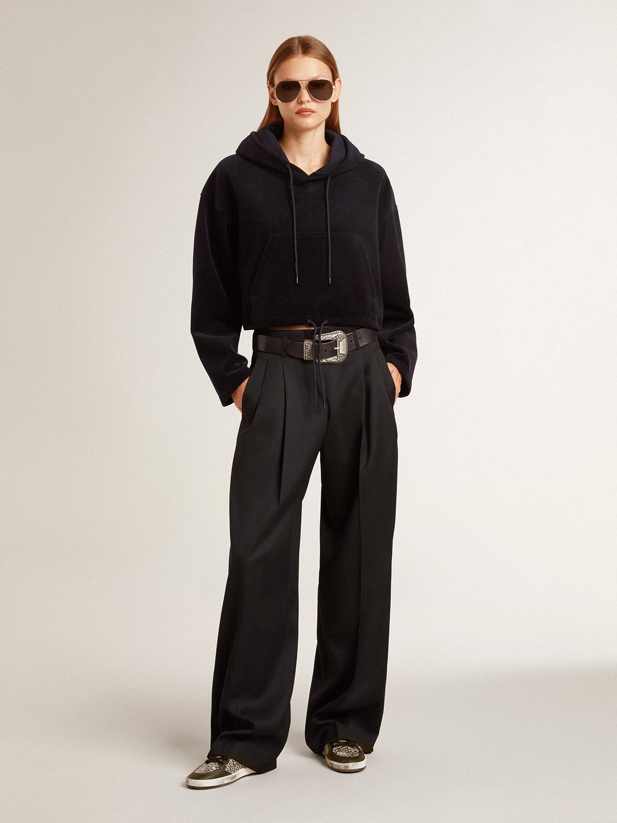 Women's black chenille sweatshirt with embroidery on the back