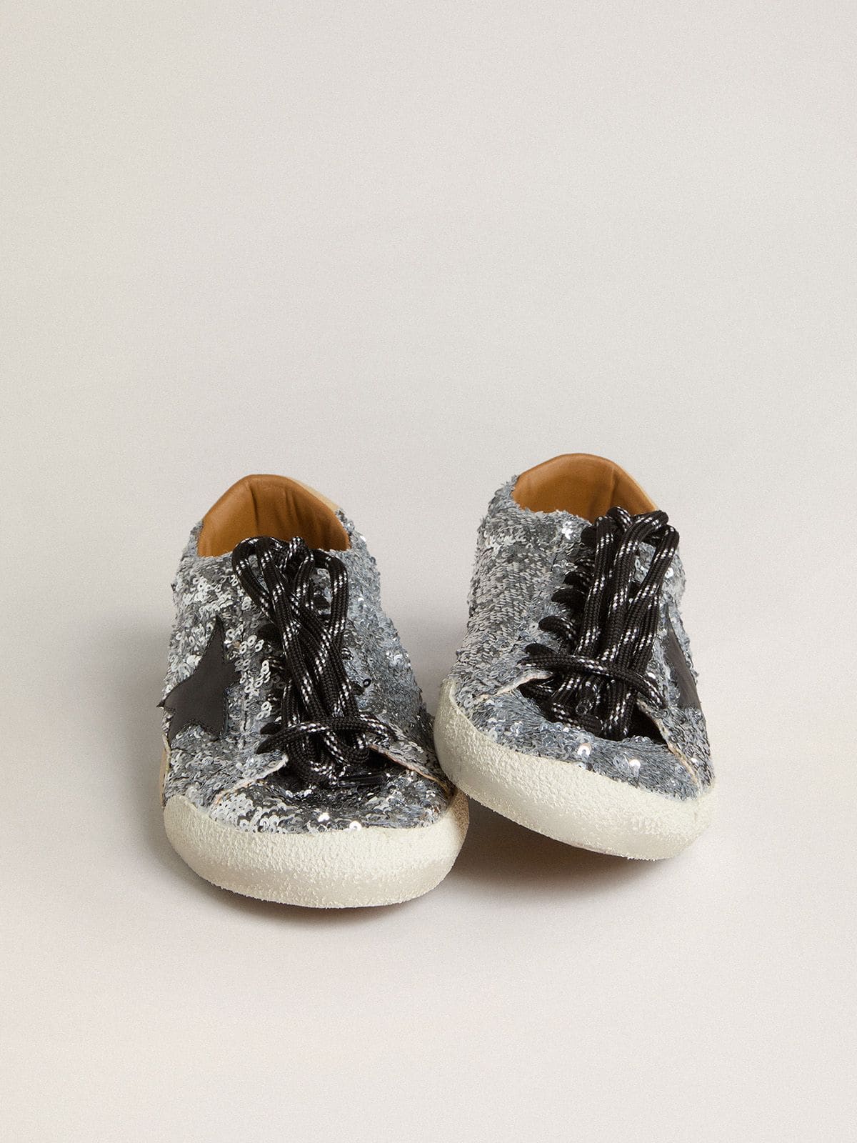 Women's True-Star in silver sequins with black star and beige leather heel tab