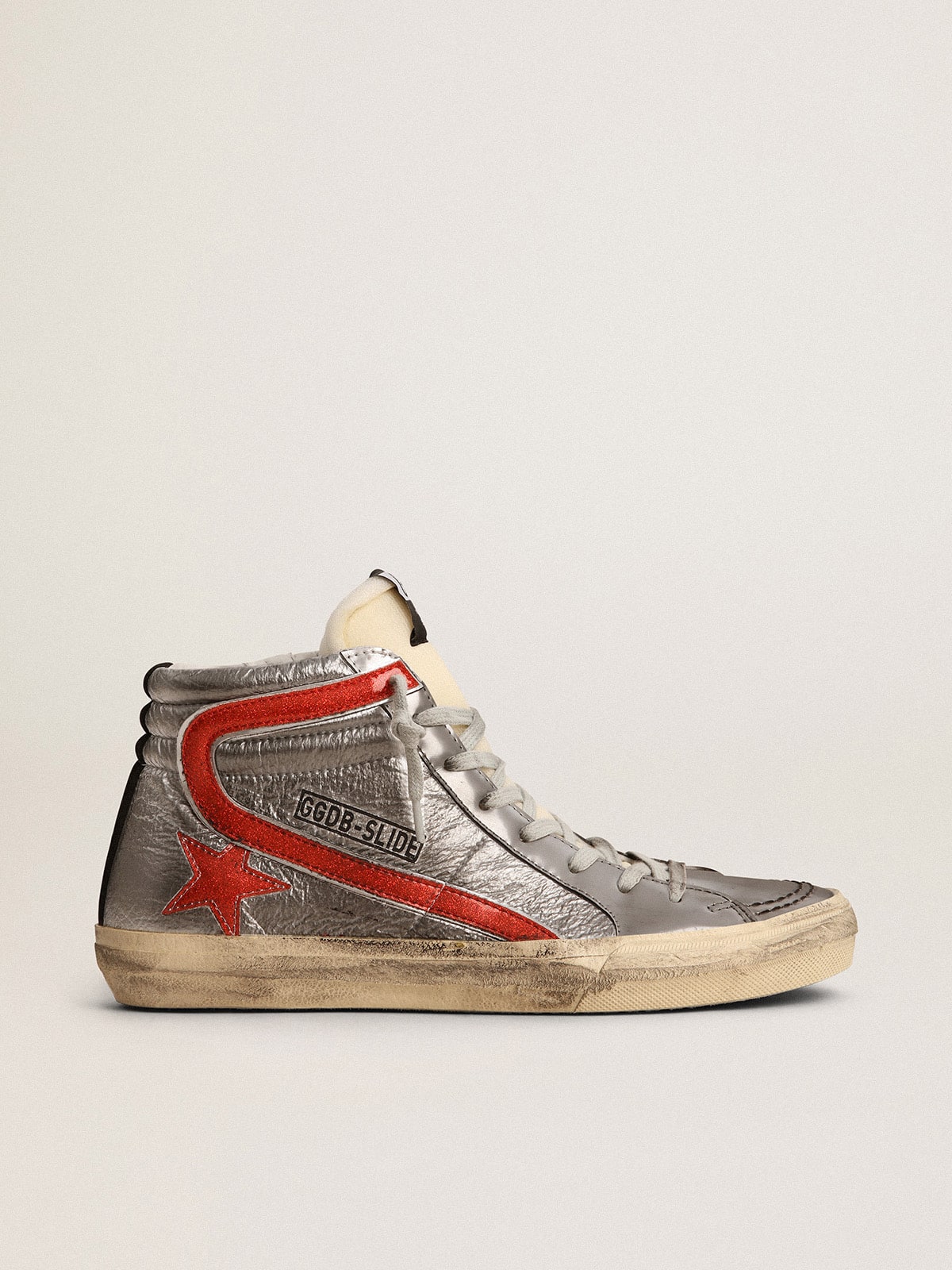 Women's Slide with silver metallic leather upper and red metallic leather flash