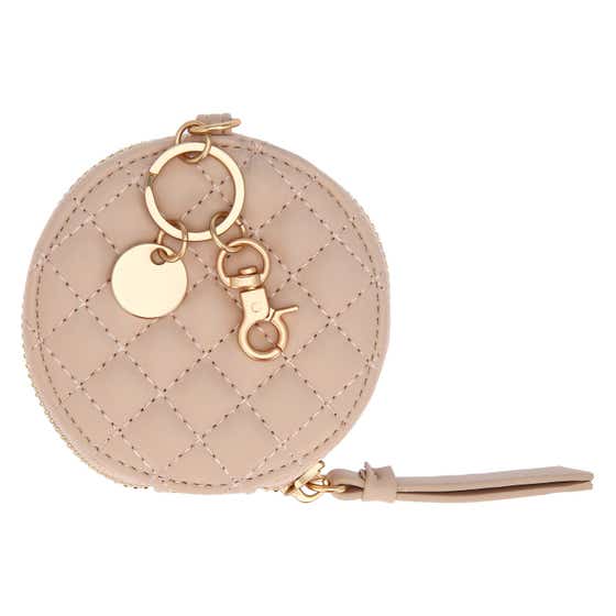 Round key ring with zip in faux leather, pink