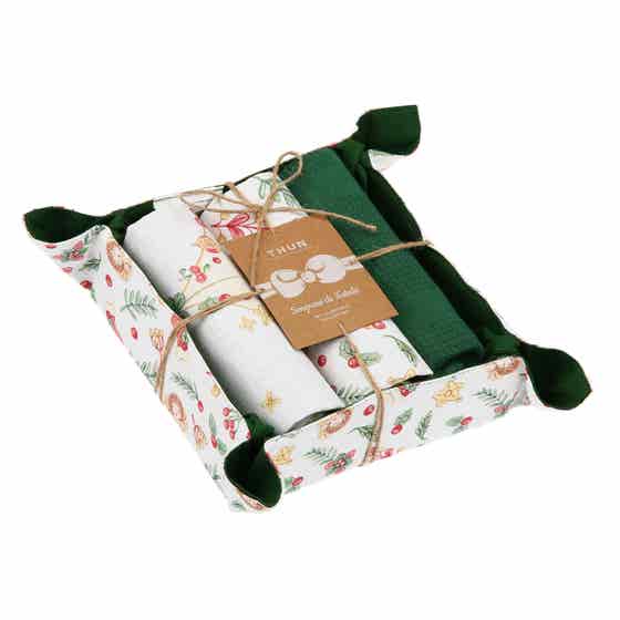 Set of 3 Sorprese di Natale tea towels with fabric basket