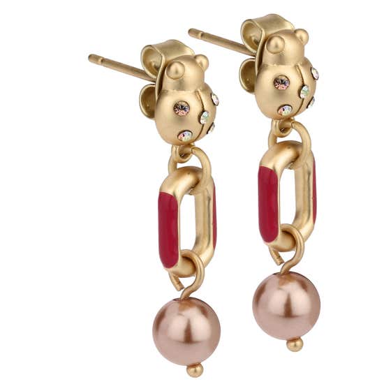 Chunky earrings with ladybug and pearl